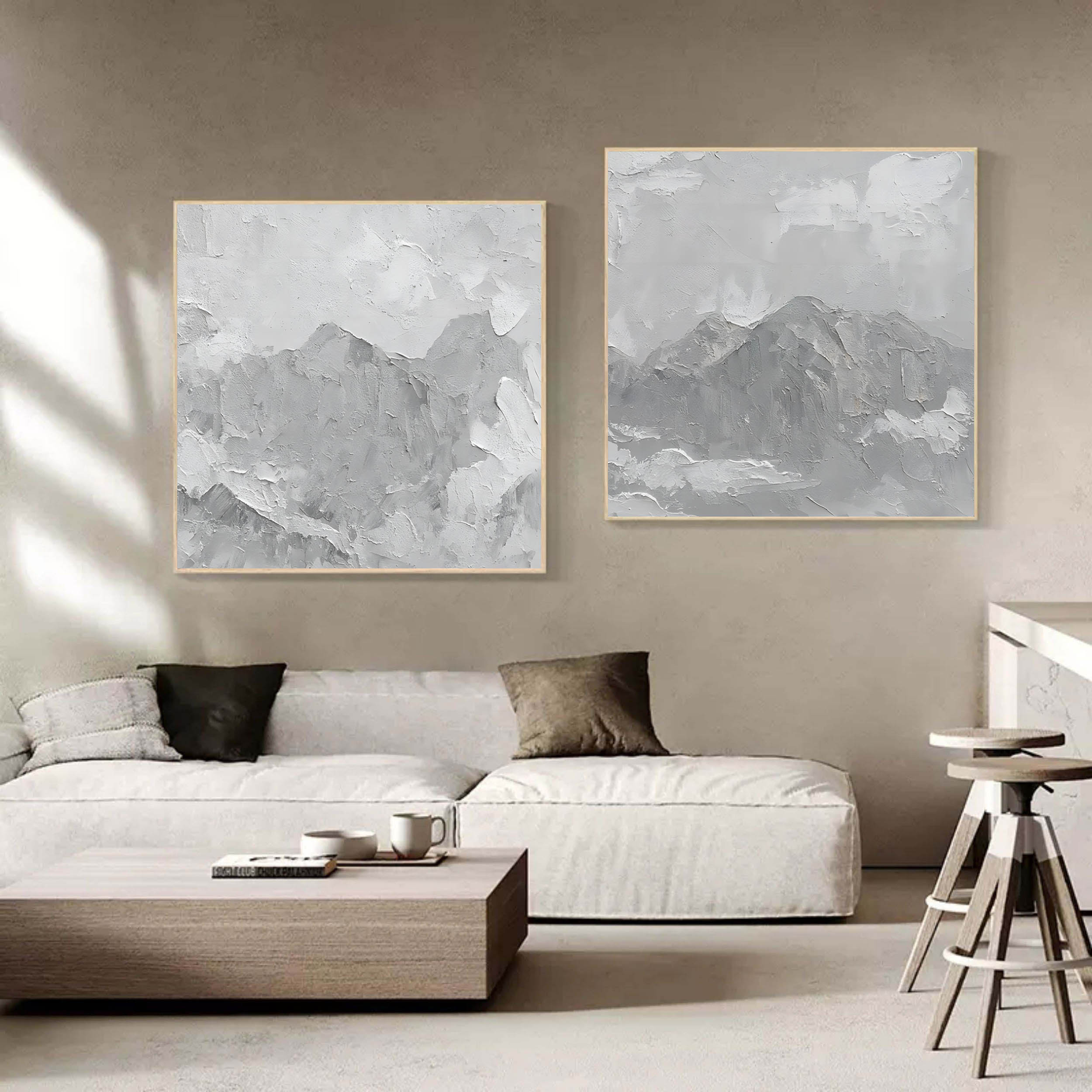 Gray minimal art on canvas Wabisabi wall decor 3D Textured wall art Gray abstract painting set of 2