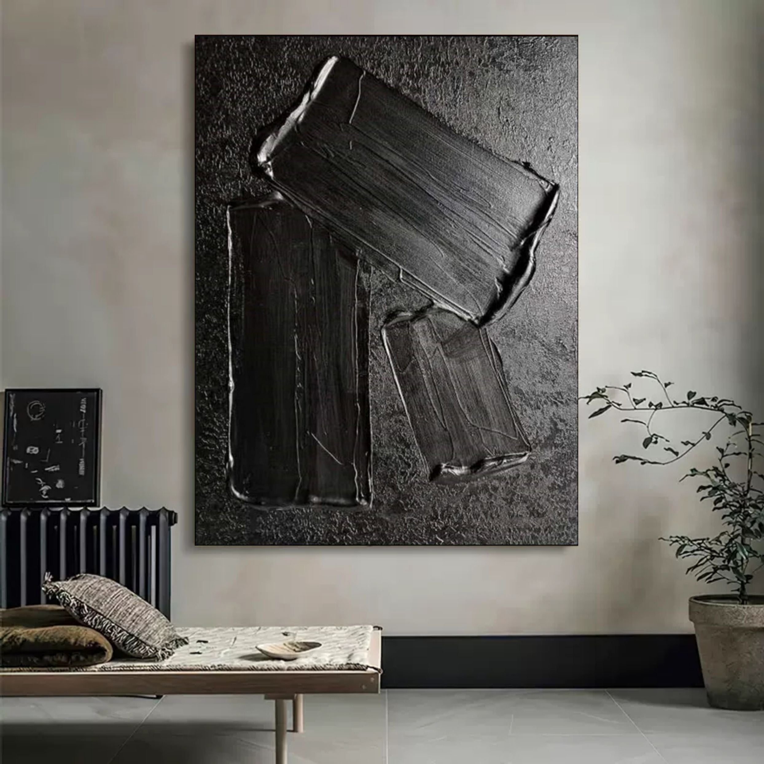 Large Black 3D Abstract Art On Canvas Wabi-Sabi Wall Art Textured Wall Art Minimalist Painting