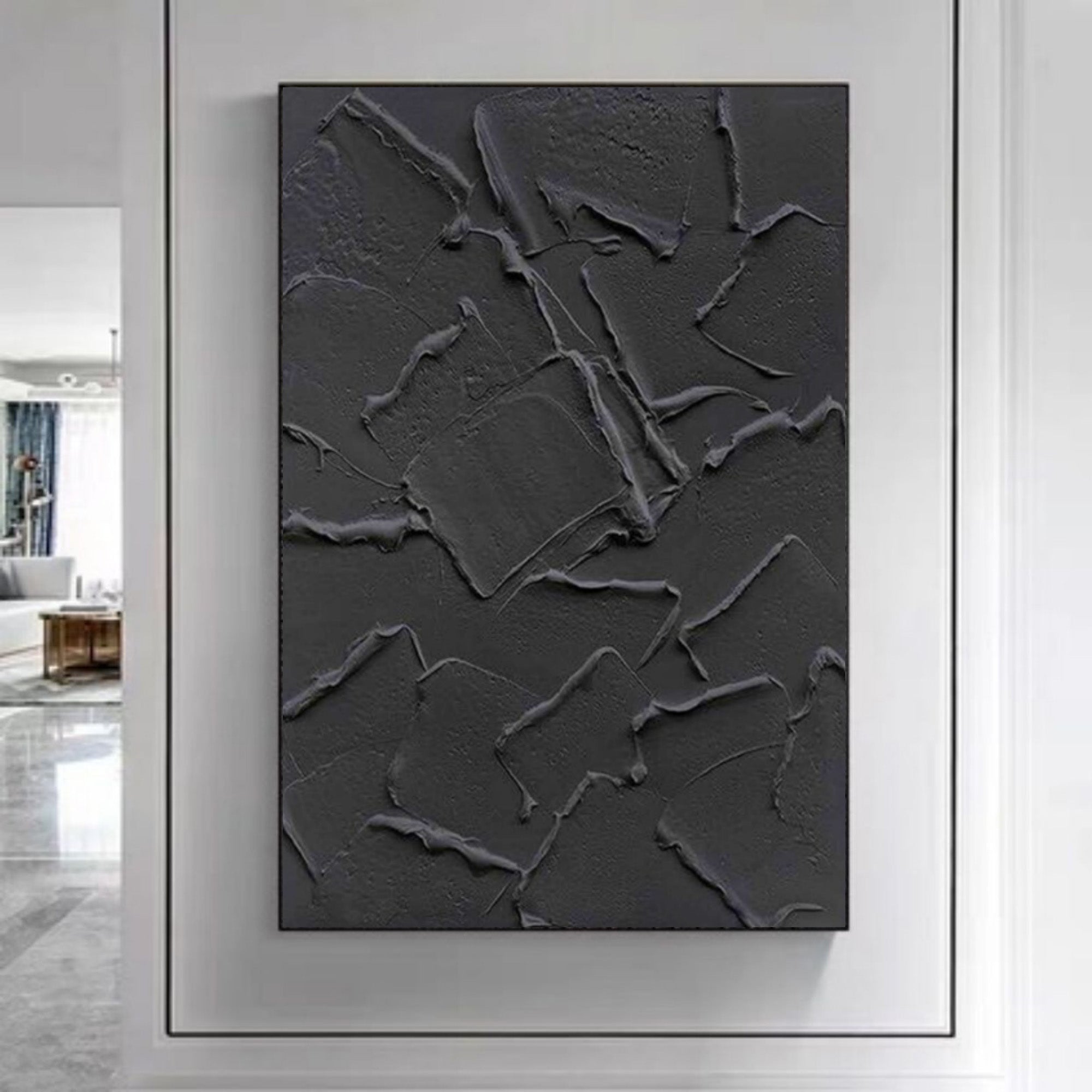 Large Black 3D Abstract Art Plaster Wall Art Minimalism Canvas Art Heavy Textured Acrylic Painting