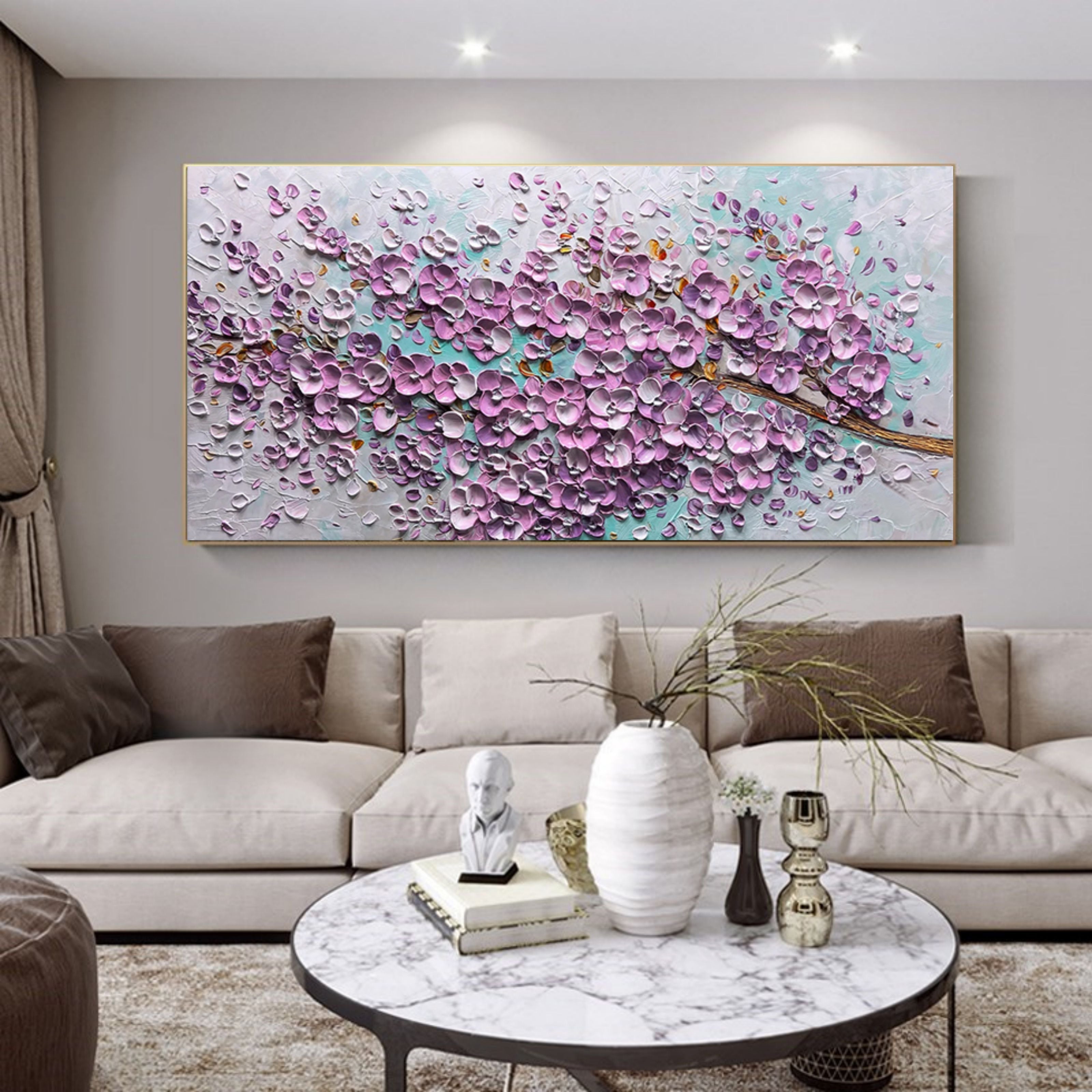 Large Pink 3D Flowers Oil Painting Panoramic Textured Flowers Wall Art ...