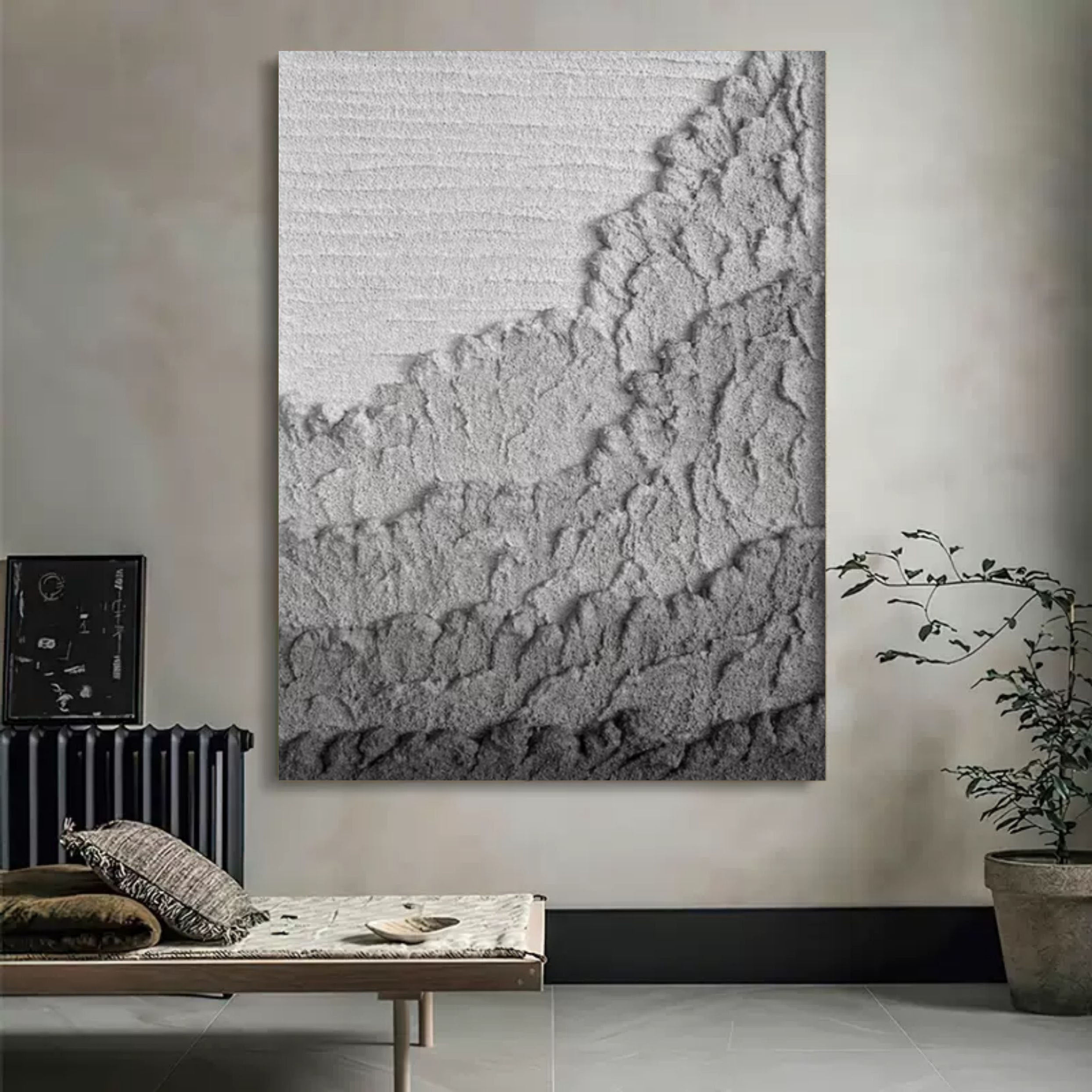 Large Gray 3D Abstract Canvas Painting 3D Plaster Art Wabi-Sabi Wall Art Gray Heavy Acrylic Painting