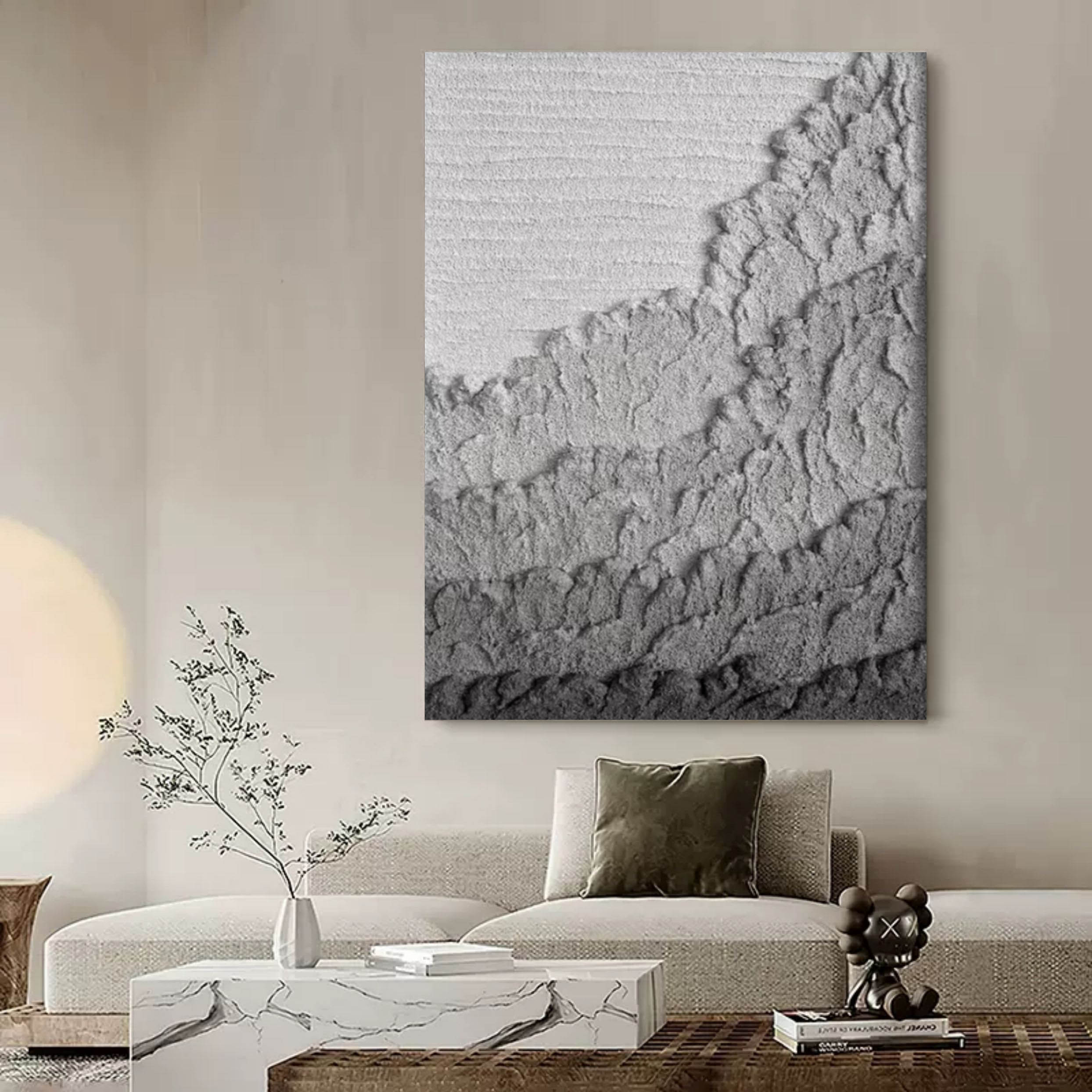 Large Gray 3D Abstract Canvas Painting 3D Plaster Art Wabi-Sabi Wall Art Gray Heavy Acrylic Painting