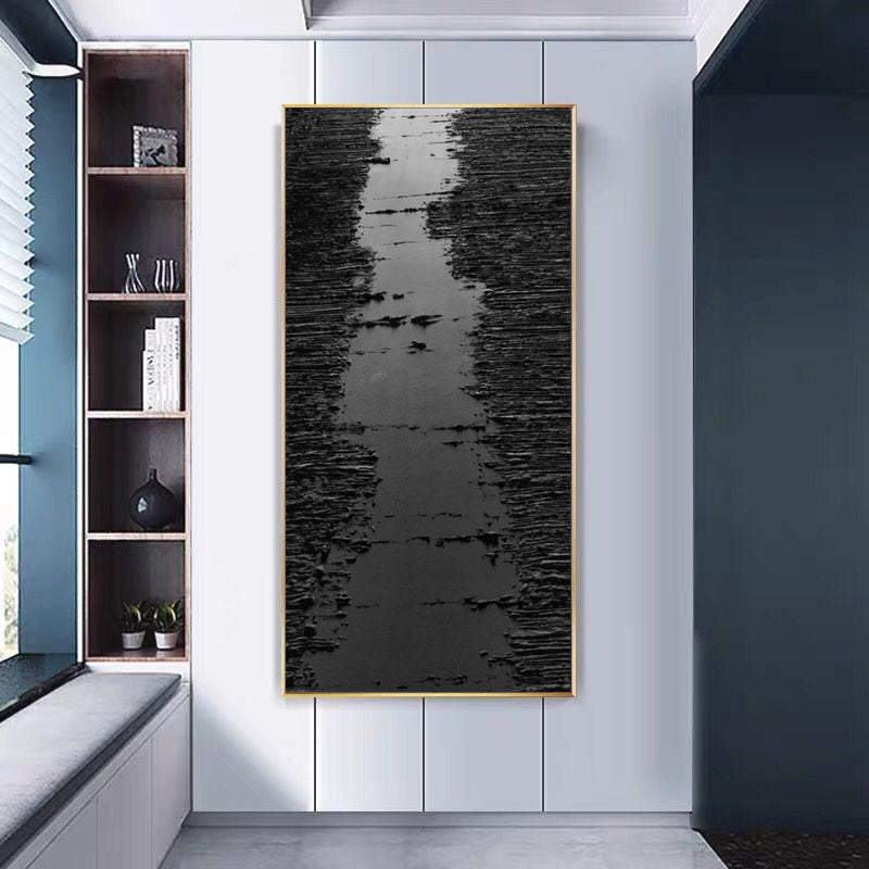 Panoramic Black 3D Abstract Painting Large Entrance Black Canvas Art Black Textured Wall Art Large Black Minimalist Home Wall Hangings