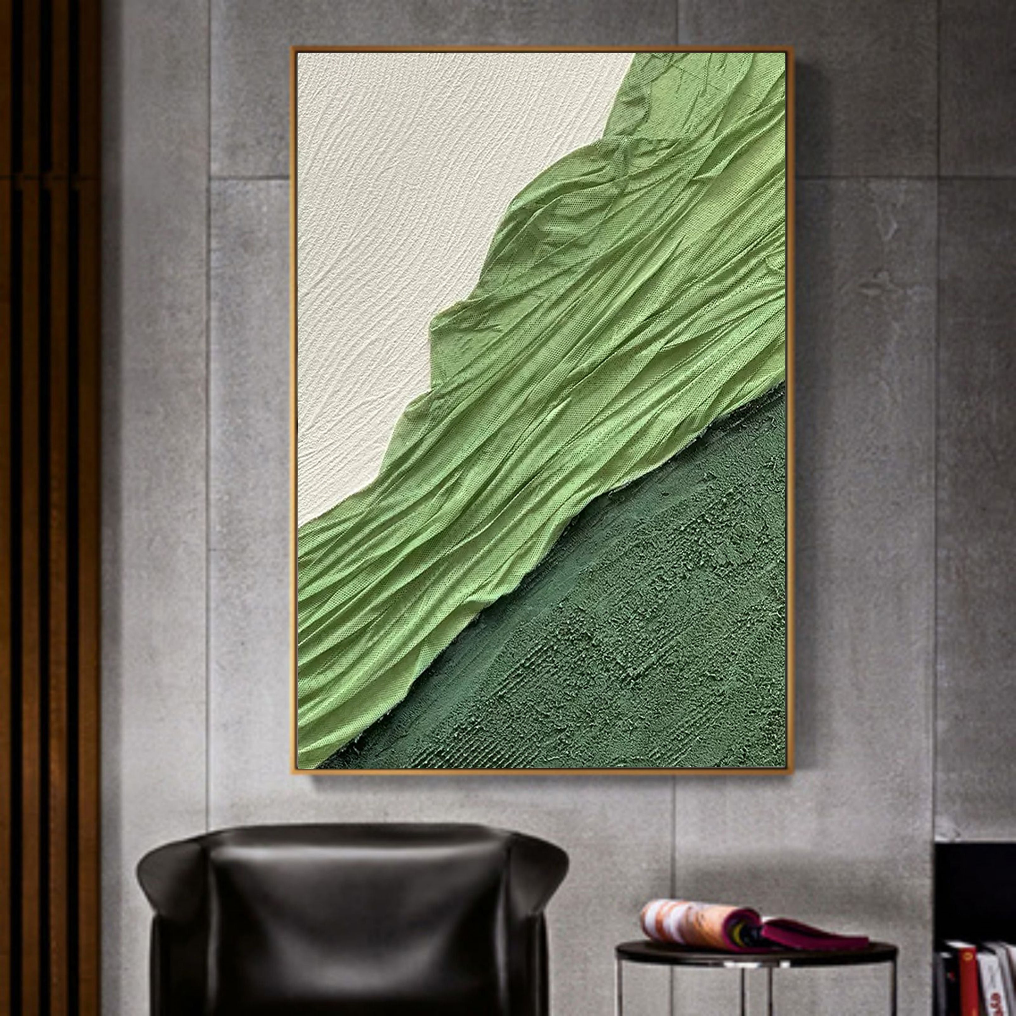 Green Abstract Art on Canvas Green Minimalist Abstract Painting 3D Plaster Art Textured Wall Art