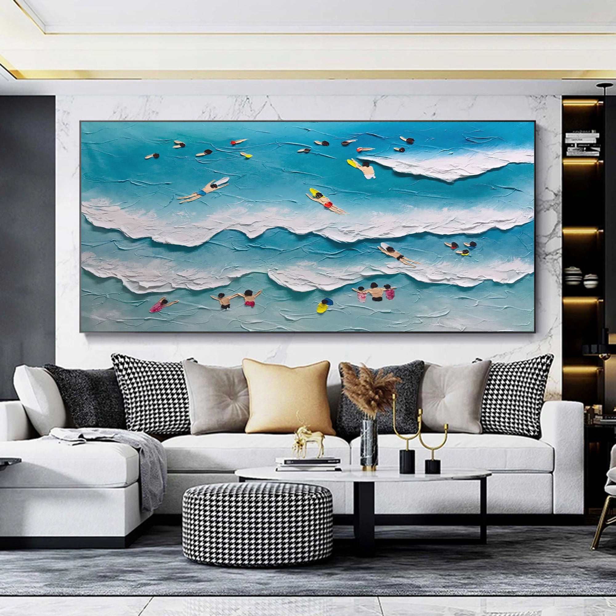 Large Blue Sea 3D Painting Seaside Swimming 3D Landscape Art on Canvas Blue Sea Texture Wall Art