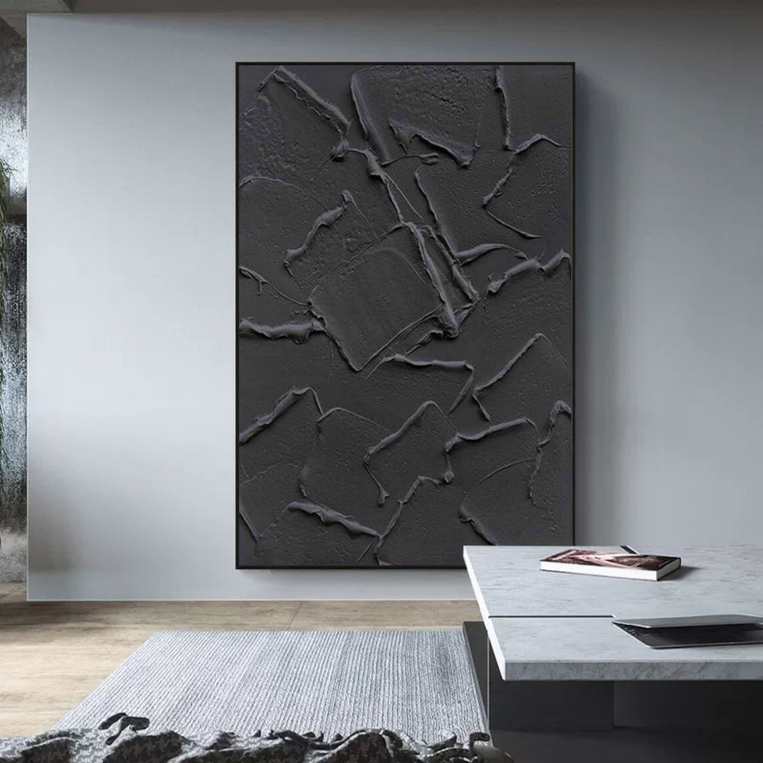 Large Black 3D Abstract Art Plaster Wall Art Minimalism Canvas Art Heavy Textured Acrylic Painting