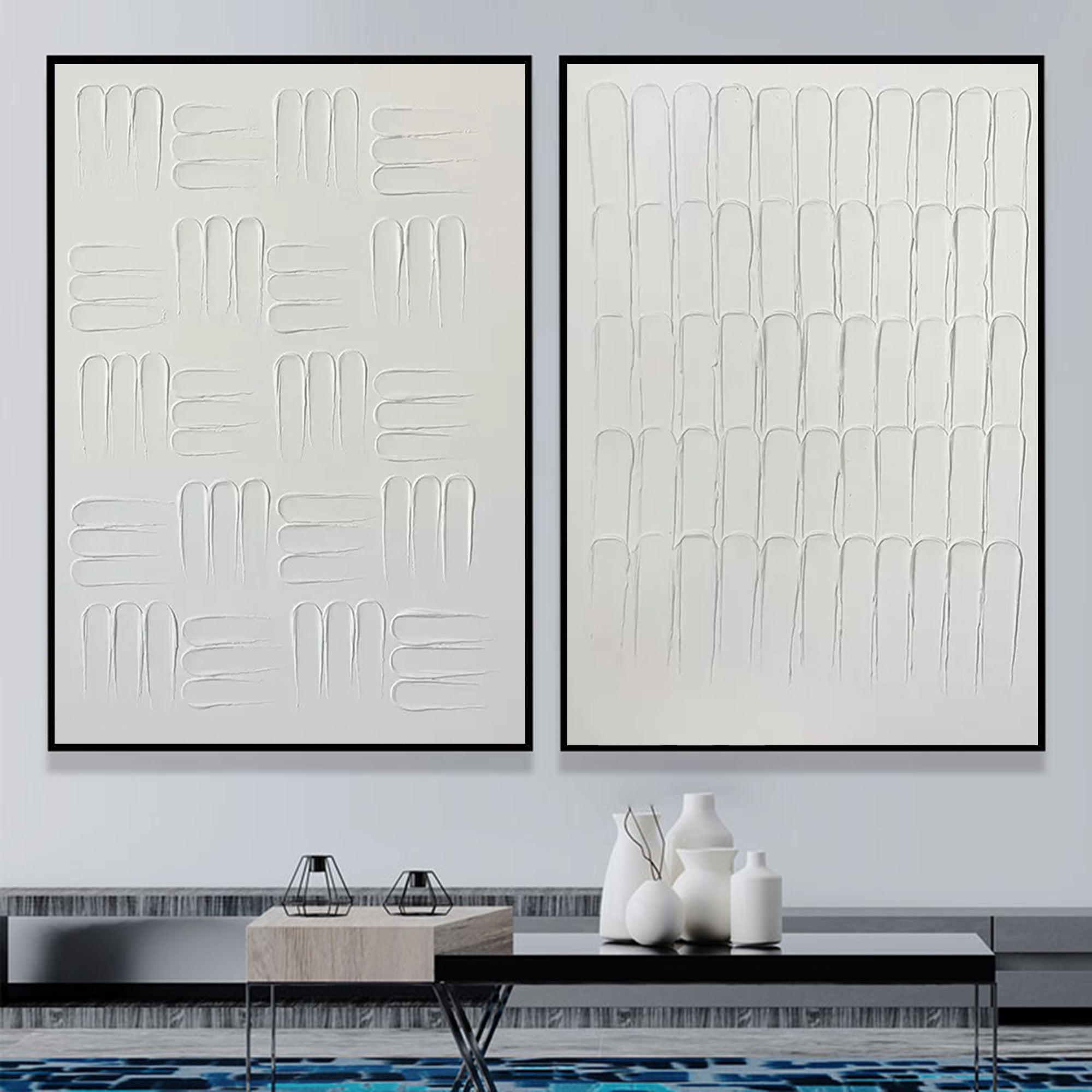 White 3D minimalist abstract painting set of 2 White plaster abstract art on canvas set of 2 textured wall art