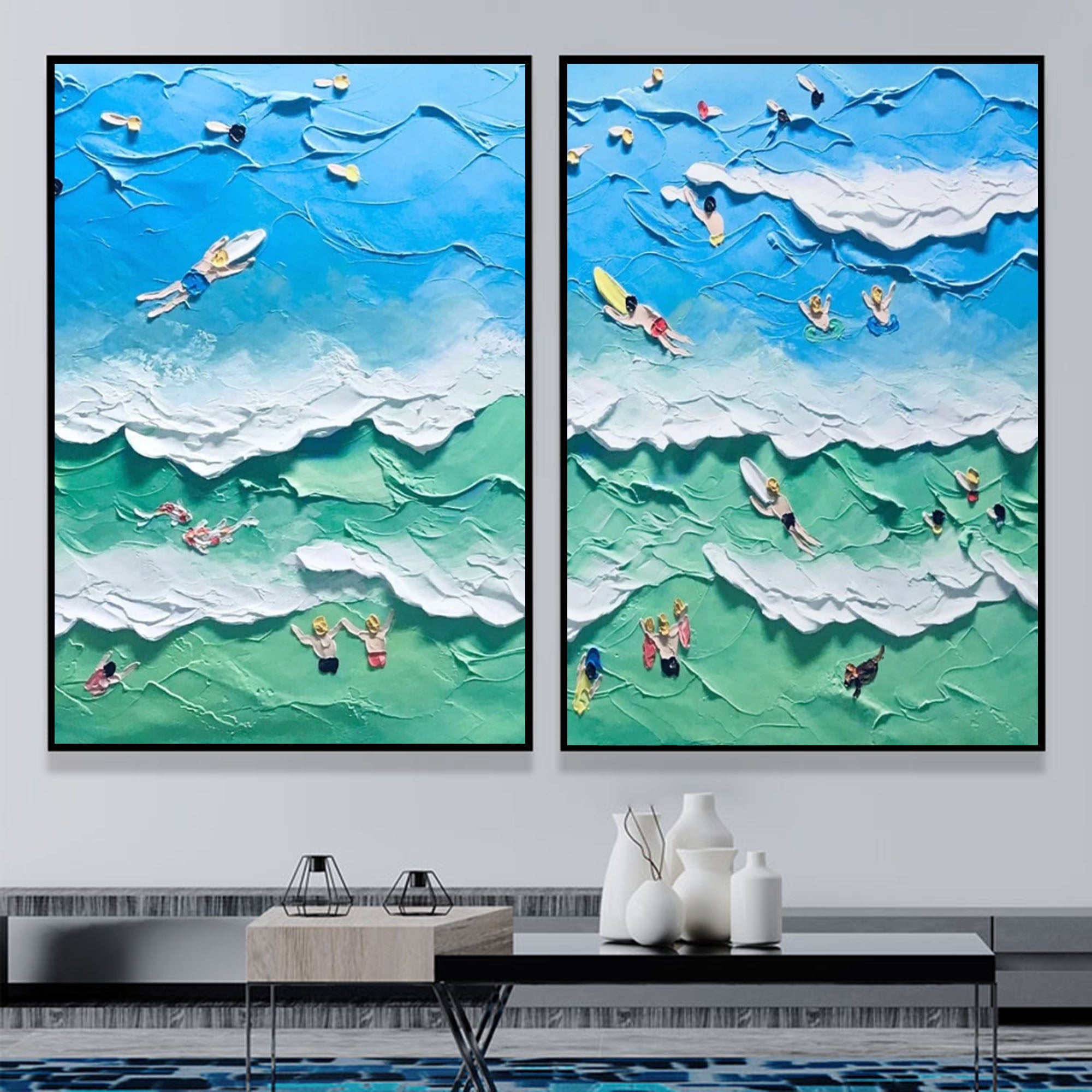 Seaside Surf Paintings on Canvas Blue Sea 3D Texture Painting Set of 2 White 3D Plaster Art Swimming Paintings