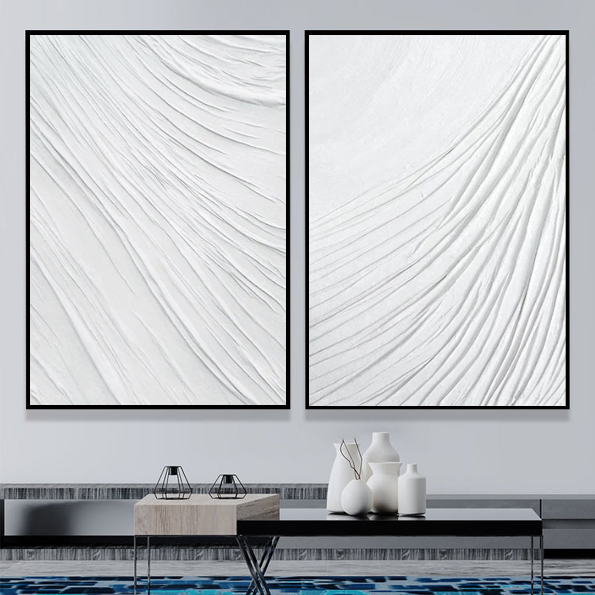 white 3d plaster abstract art on canvas set of 2 plaster wall art White texture wall painting set of 2