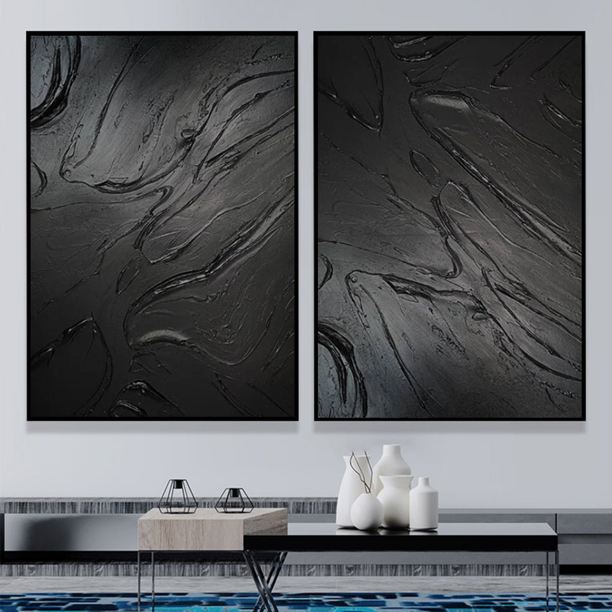 Black 3D minimalist abstract art set of 2 Black textured wall painting set of 2 3D plaster art on canvas set of 2