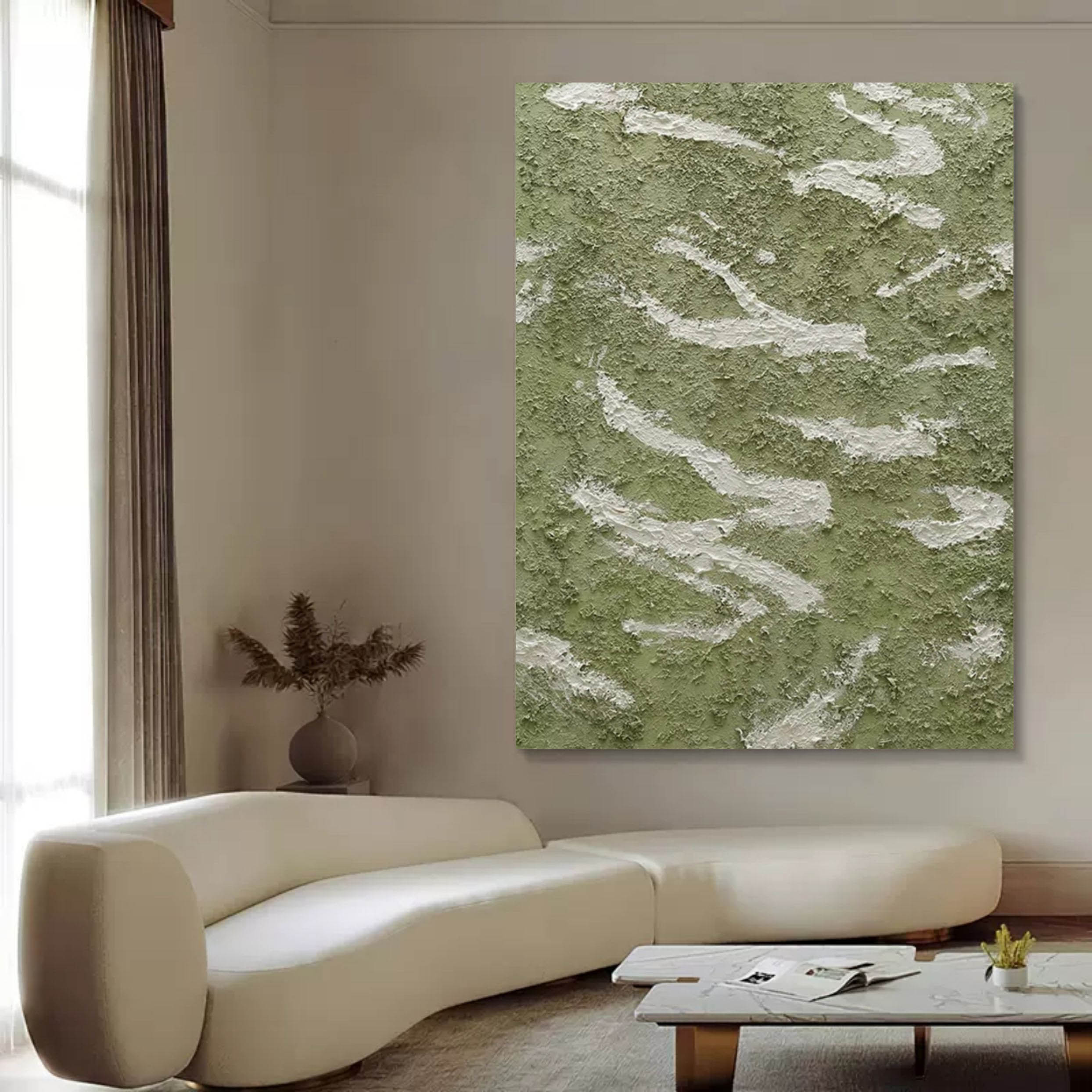 Large Wabi-Sabi Wall decor Painting Green 3D Textured Abstract Painting Green Minimalist Canvas Art