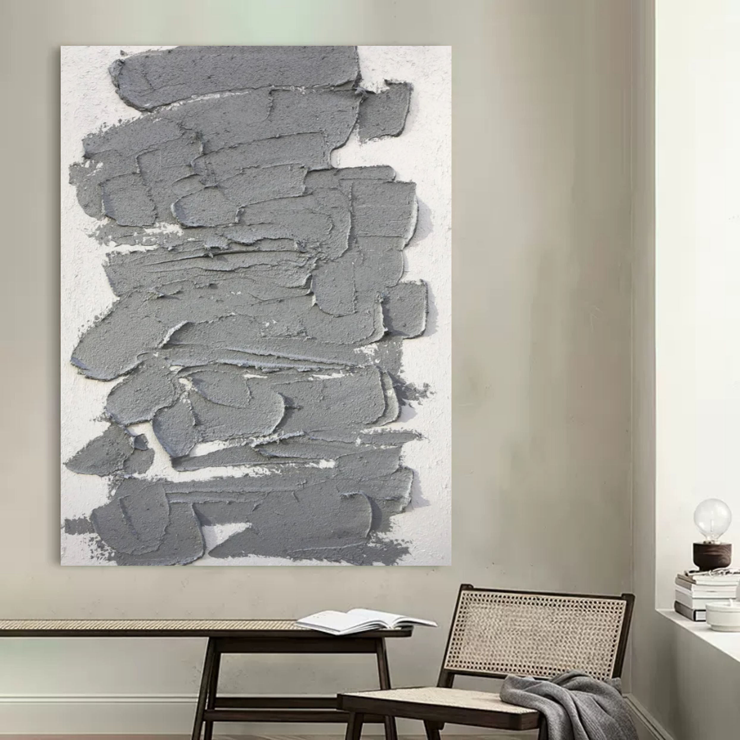 Large Gray 3D Abstract Canvas Art 3D Plaster Art Wabi-Sabi Wall Art Heavy textured Acrylic Painting