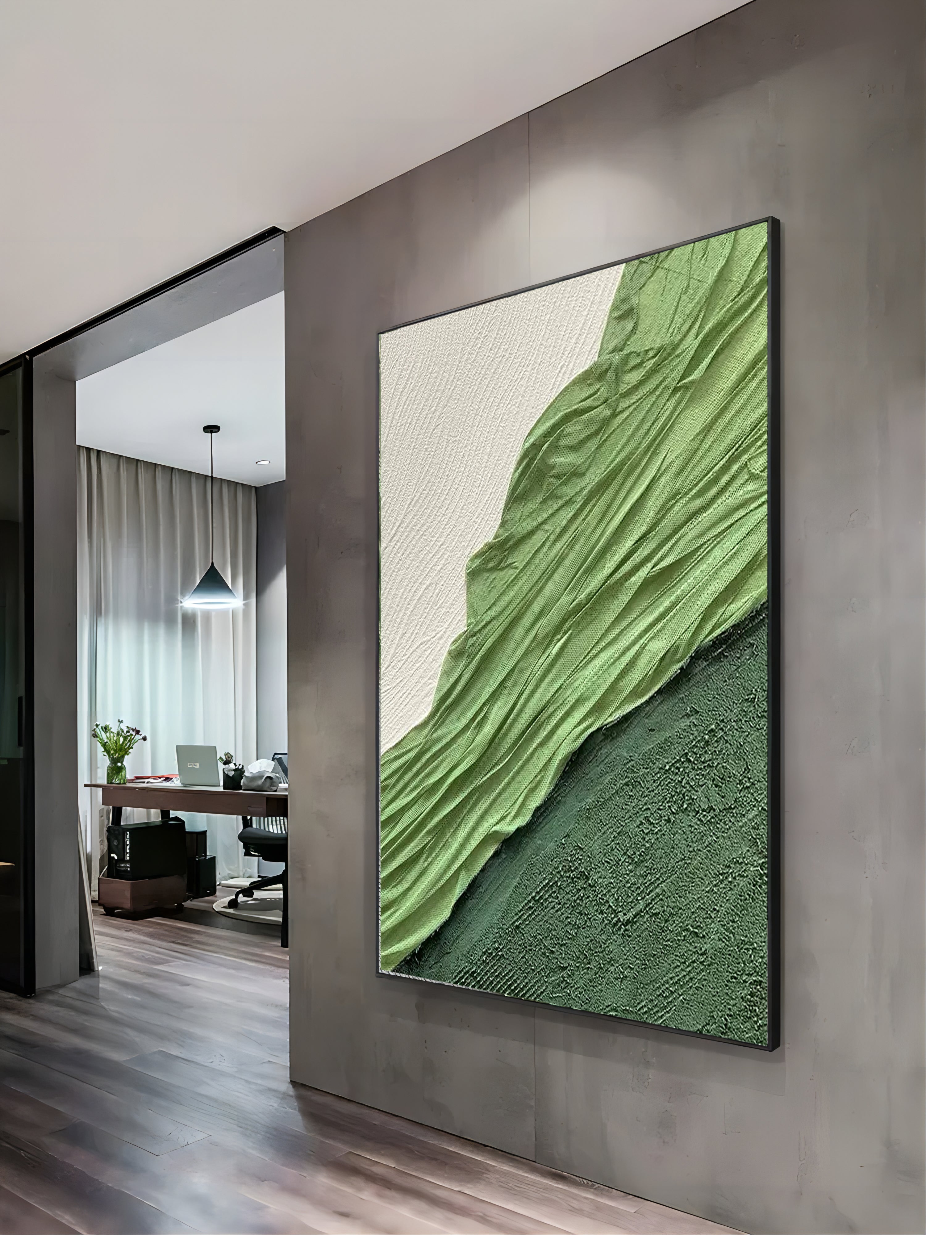 Green Abstract Art on Canvas Green Minimalist Abstract Painting 3D Plaster Art Textured Wall Art