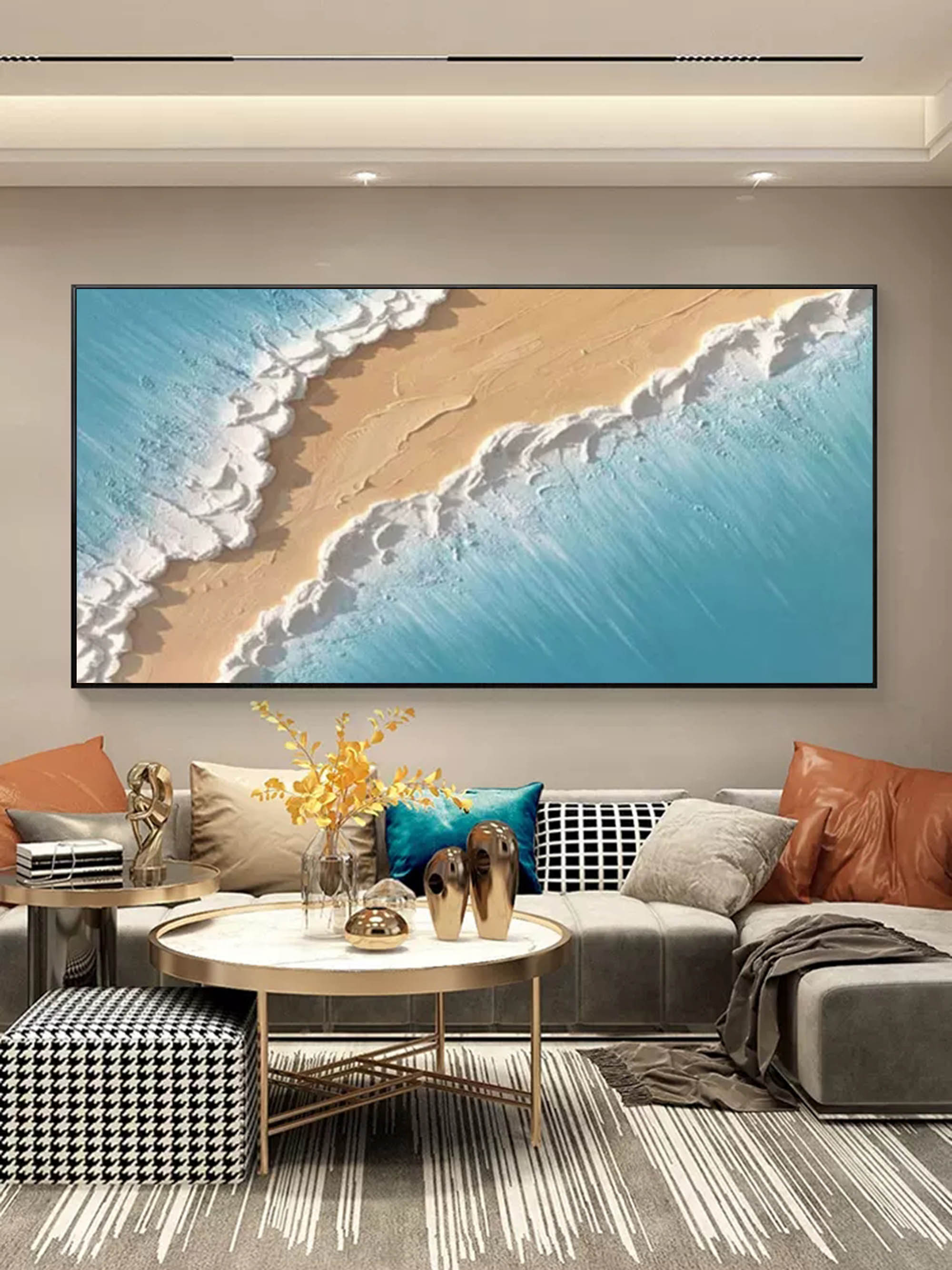 Blue Sea 3D Textured Acrylic Painting Horizontal Living Room Wall Painting Large Landscape Art