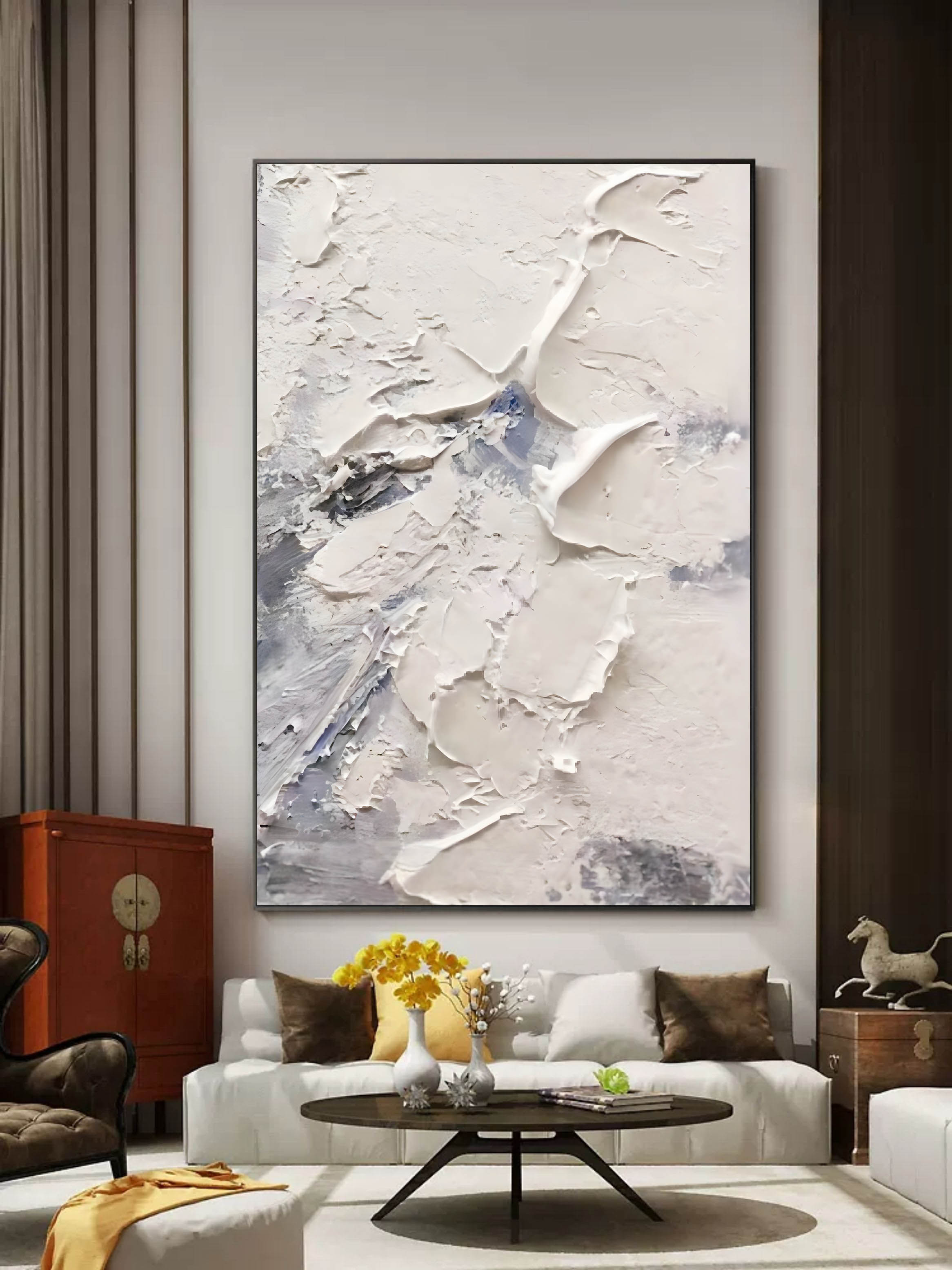 Large White 3D Abstract Art Plaster Art On Canvas Plaster Wall Art Heavy Textured Acrylic Painting