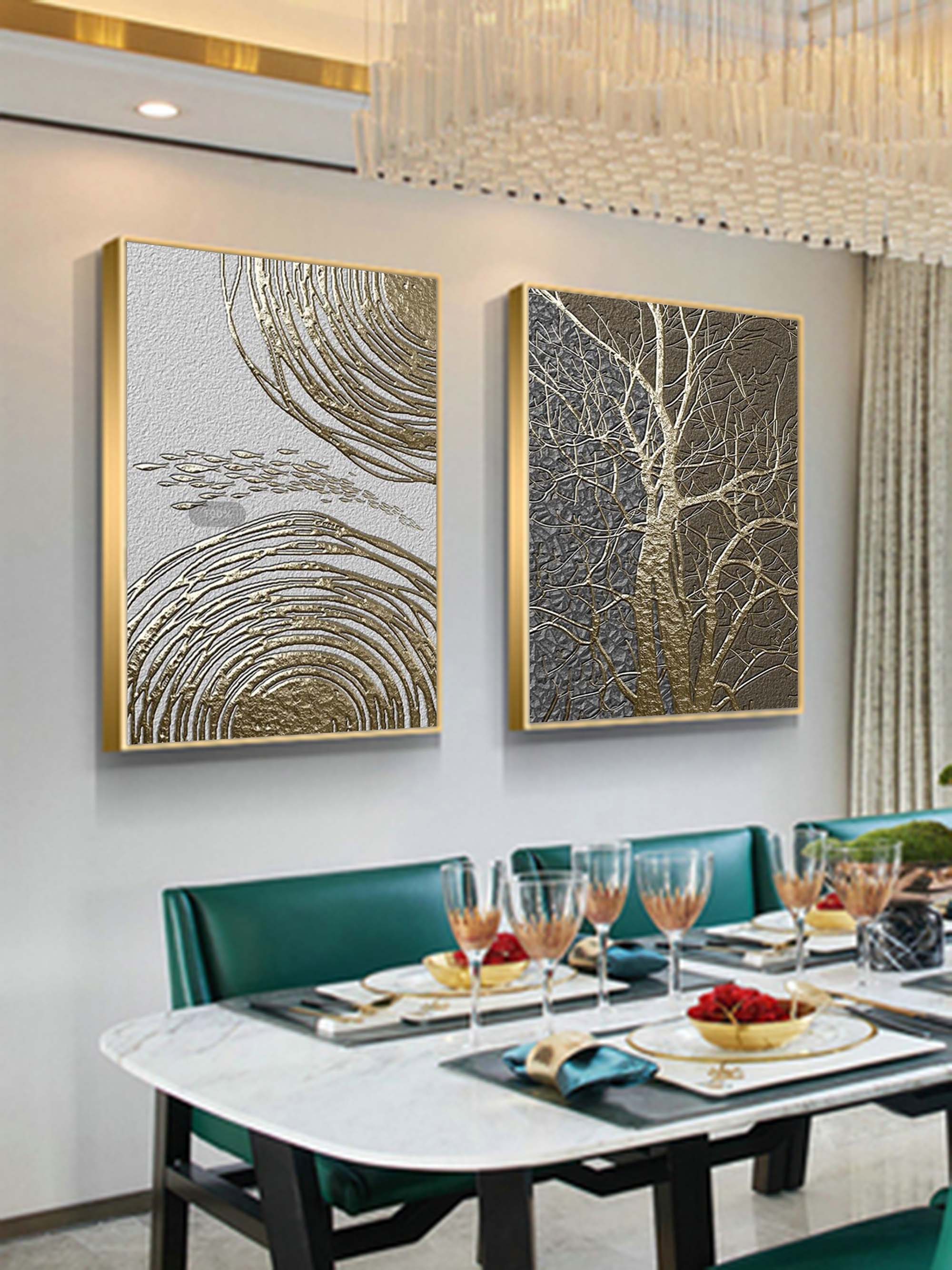 Gold 3D Abstract Painting Set of 2 Gold Textured Acrylic Canvas Art Set of 2 Luxury Living Room Wall Painting