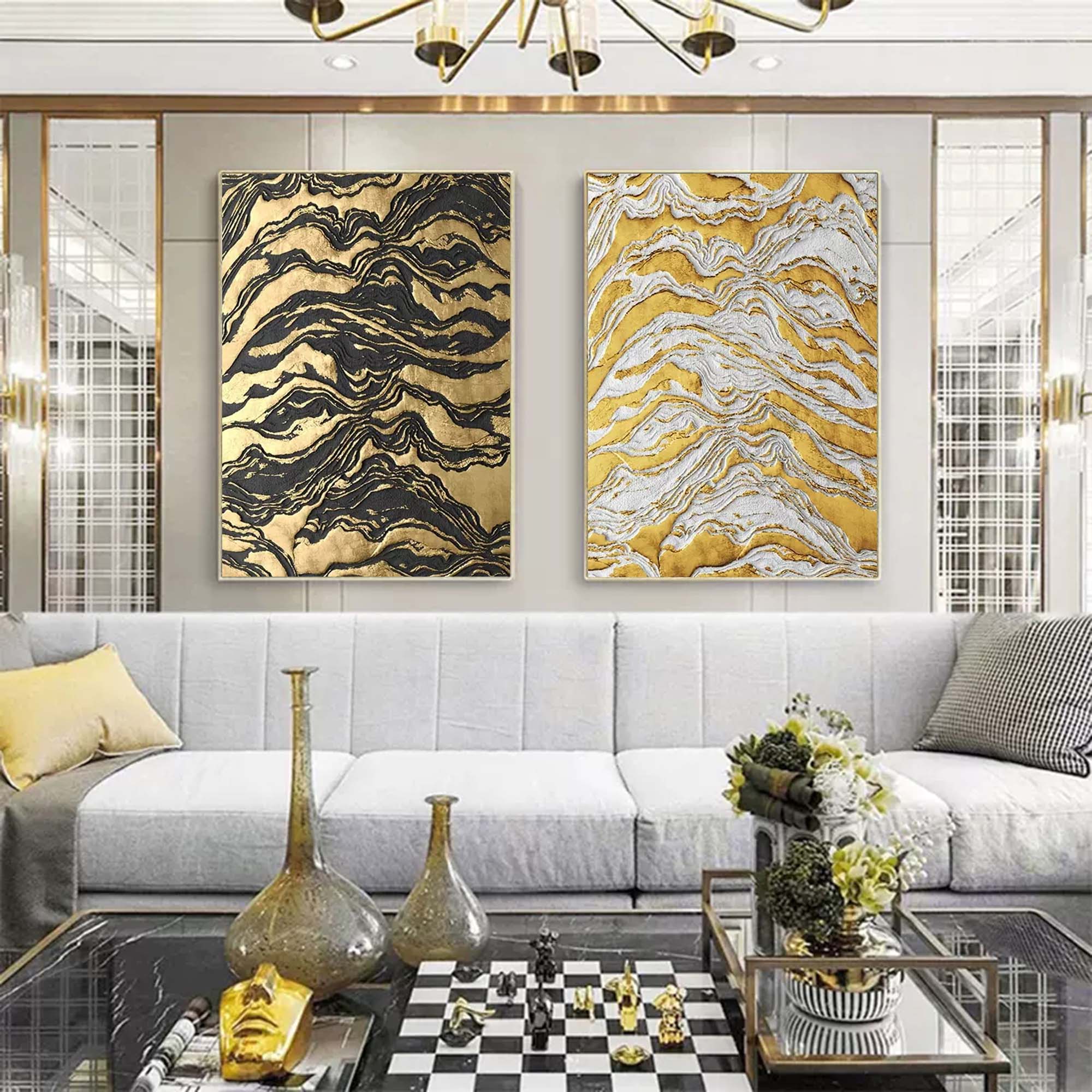 Gold and Black 3D Abstract Painting Set of 2 Gold 3D Textured Wall Art Luxury Living Room Wall Decor