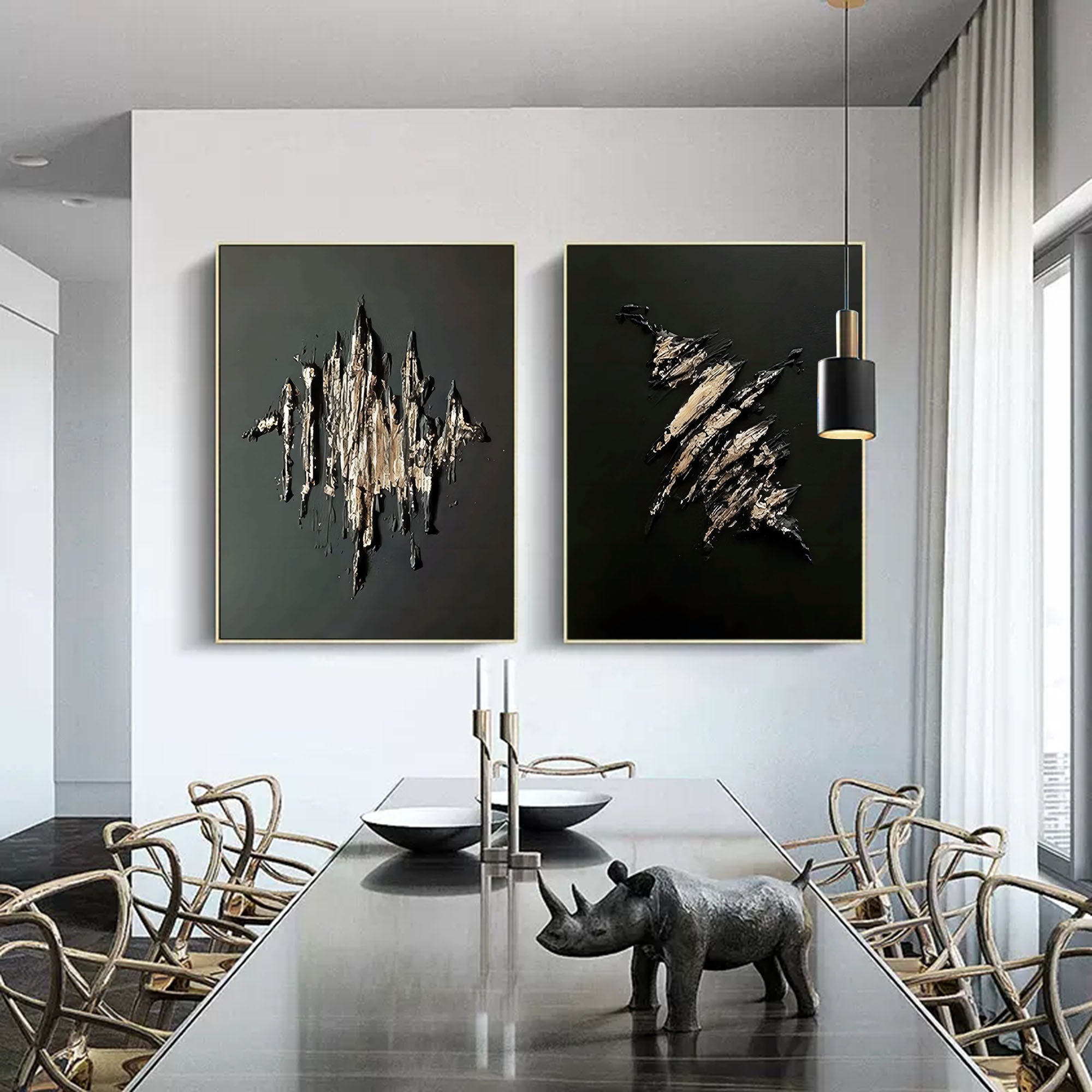 Large Black and Gold 3D Abstract Art Textured Wall Art Plaster Wall Art Minimalist Painting Set of 2