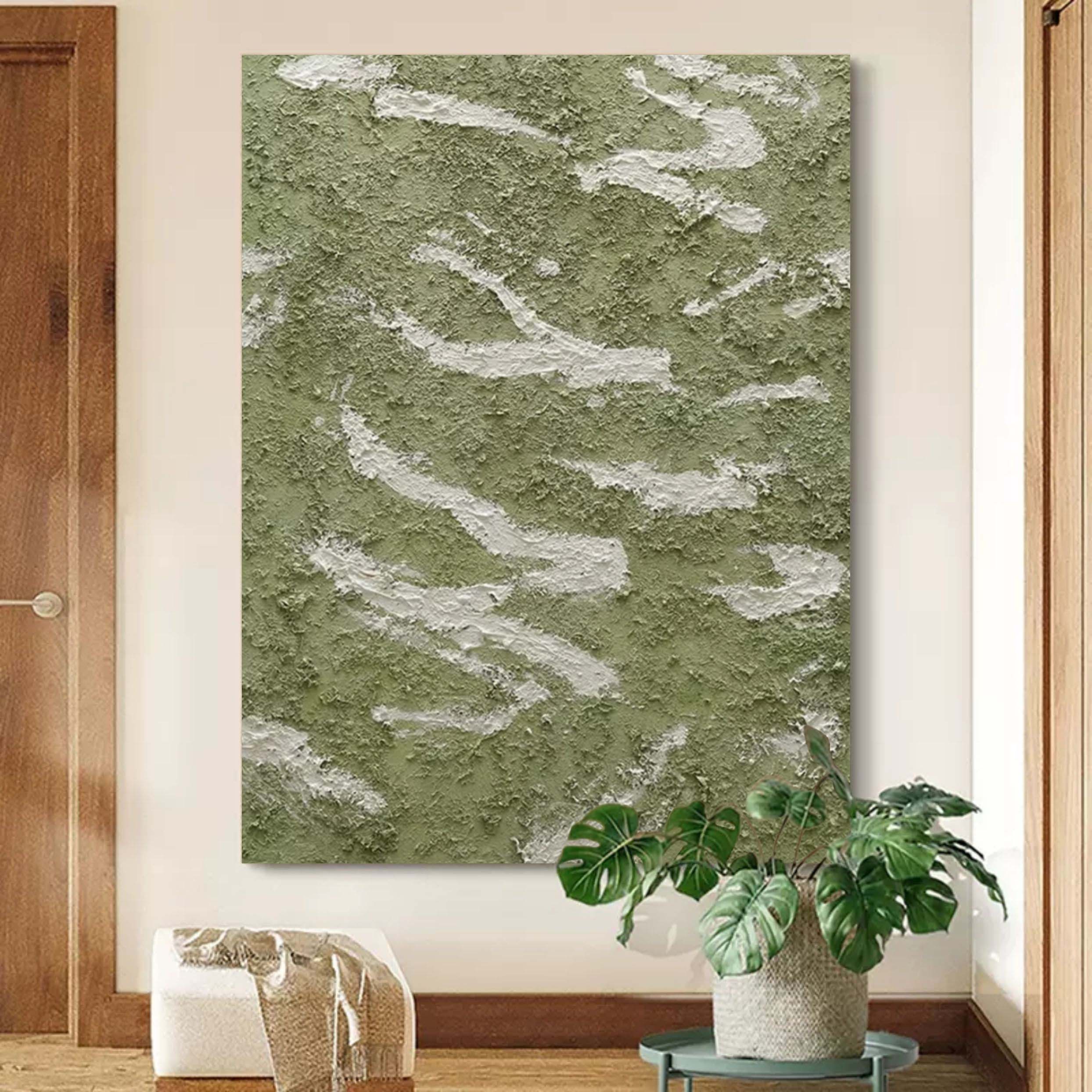 Large Wabi-Sabi Wall decor Painting Green 3D Textured Abstract Painting Green Minimalist Canvas Art