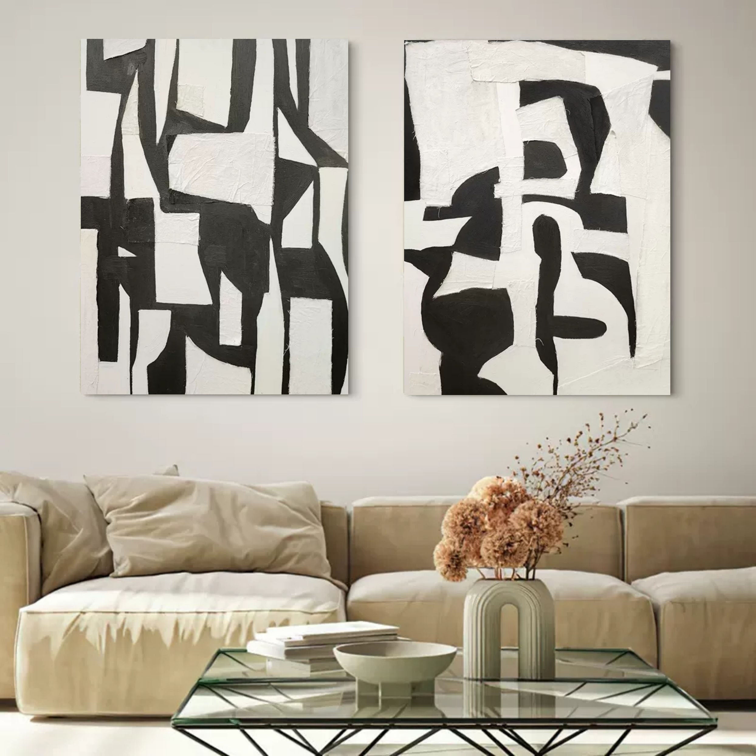 Set of 2 3D Black and White Art Canvas Abstract Black and White Oil ...