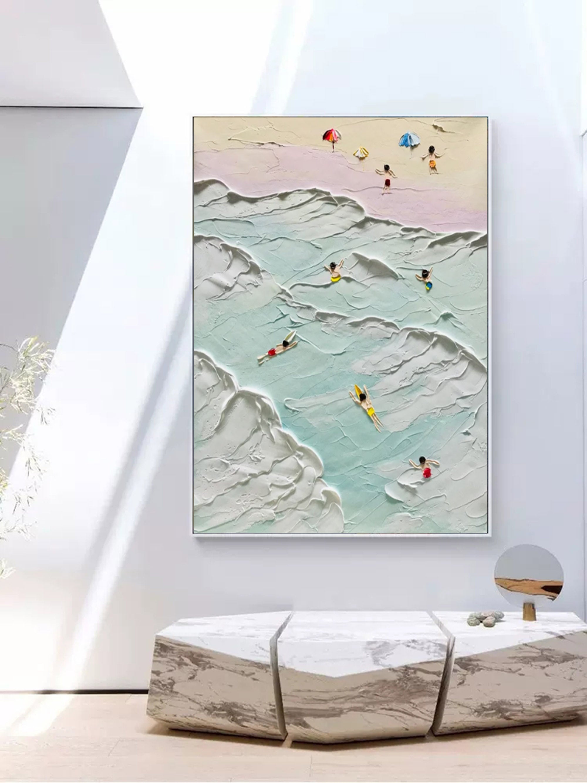 Sea Swim Canvas Painting Sea Swim Texture Wall Art 3D Plaster Art Sea Landscape Art swimming painting