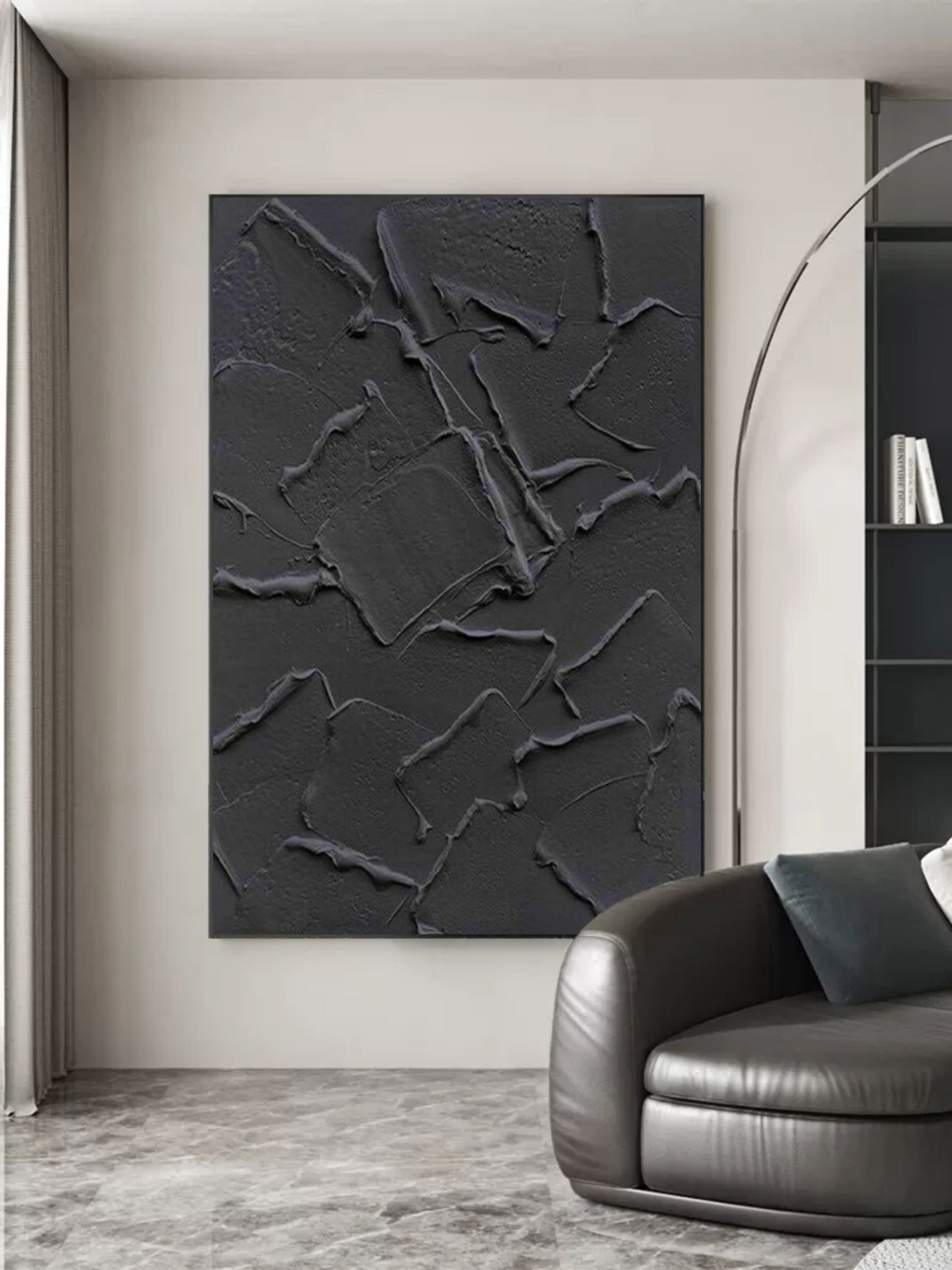 Large Black 3D Abstract Art Plaster Wall Art Minimalism Canvas Art Heavy Textured Acrylic Painting