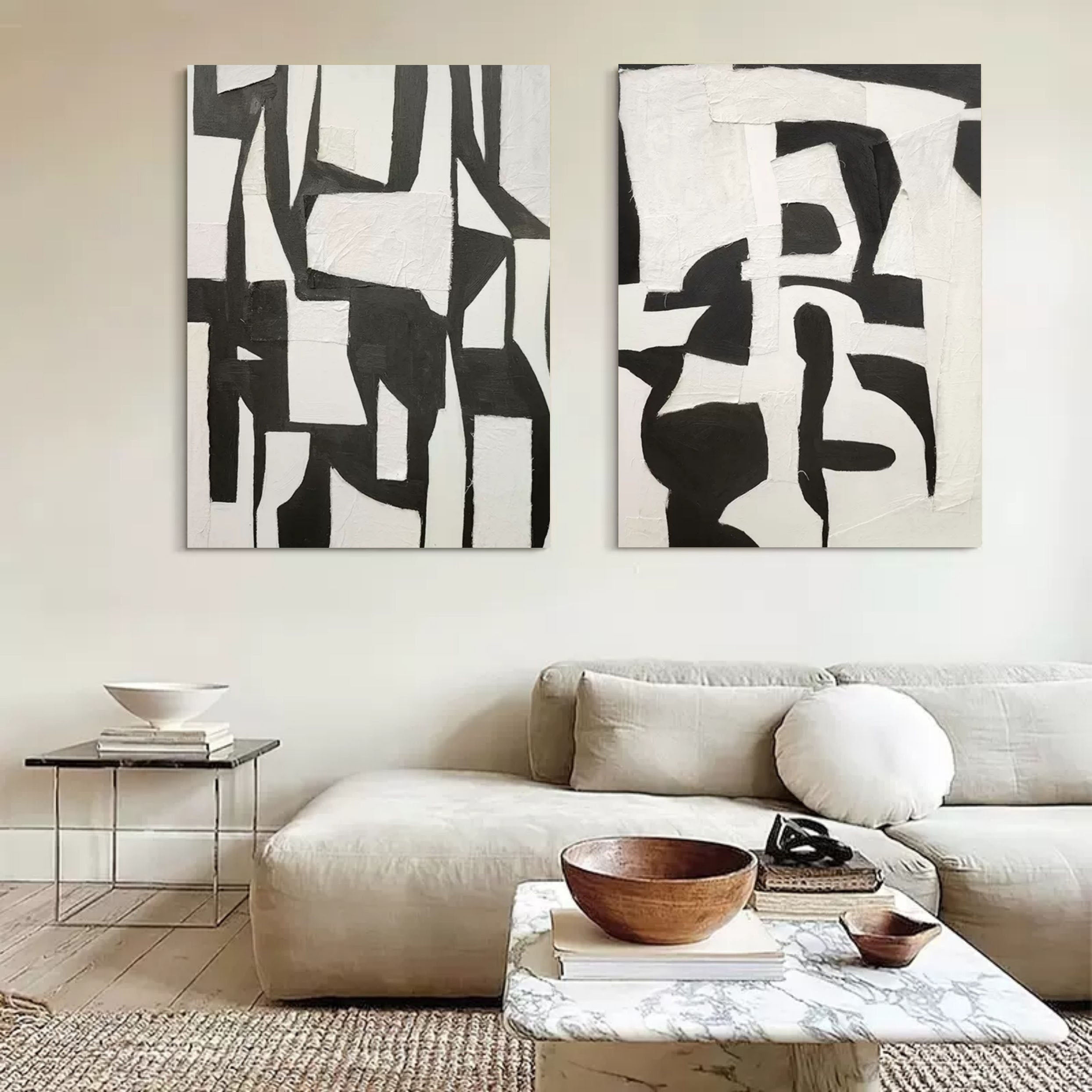 Set of 2 3D Black and White Art Canvas Abstract Black and White Oil ...