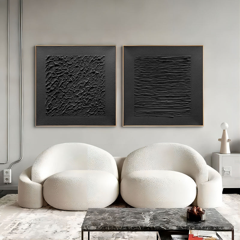 Black 3D Abstract Art Set of 2 Black Textured Wall Decor Painting Set ...