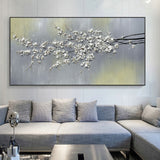 Large White 3D Flowers Painting Panoramic White Flowers Wall Art Flowers Textured Acrylic Painting Flowers Plaster Art