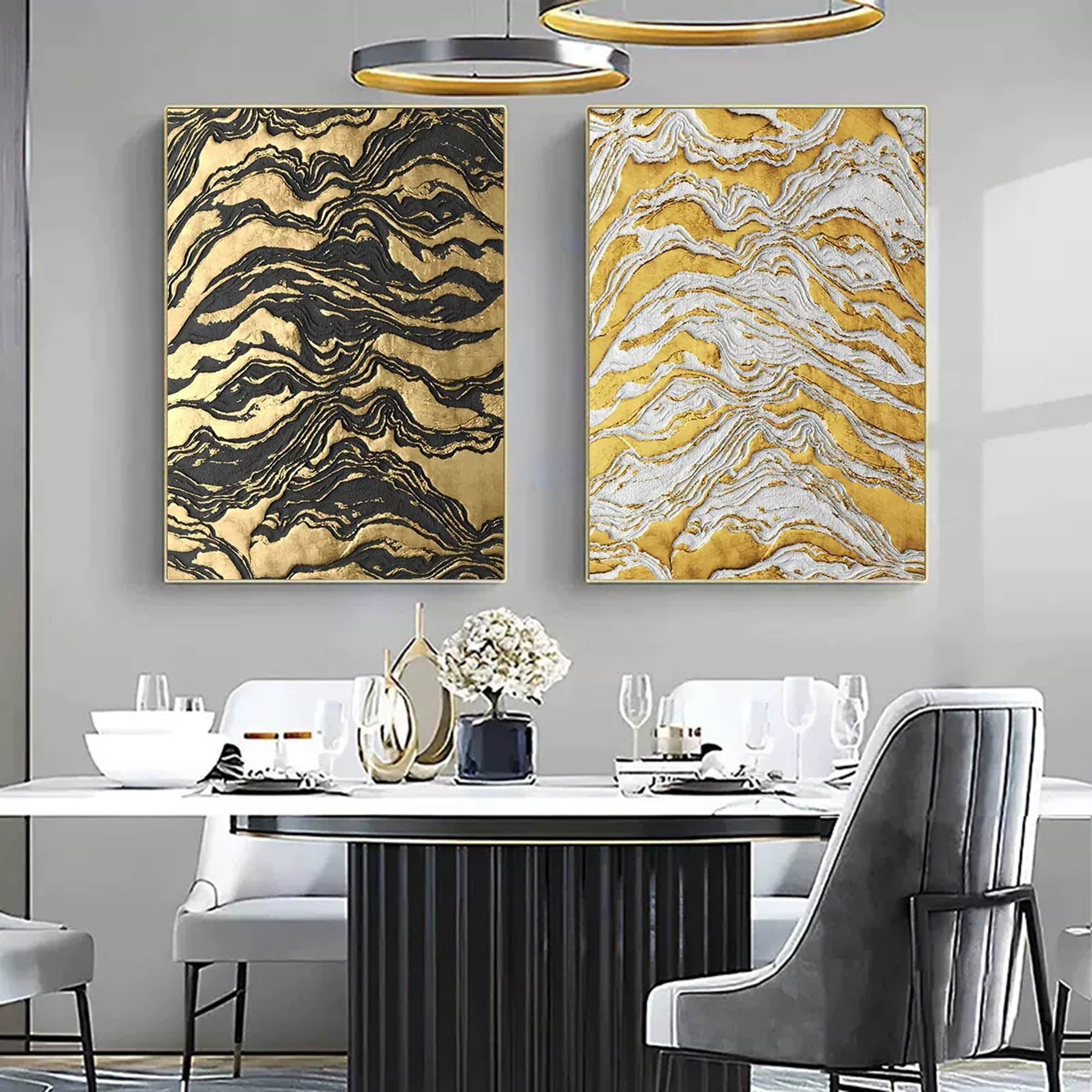 Gold and Black 3D Abstract Painting Set of 2 Gold 3D Textured Wall Art Luxury Living Room Wall Decor