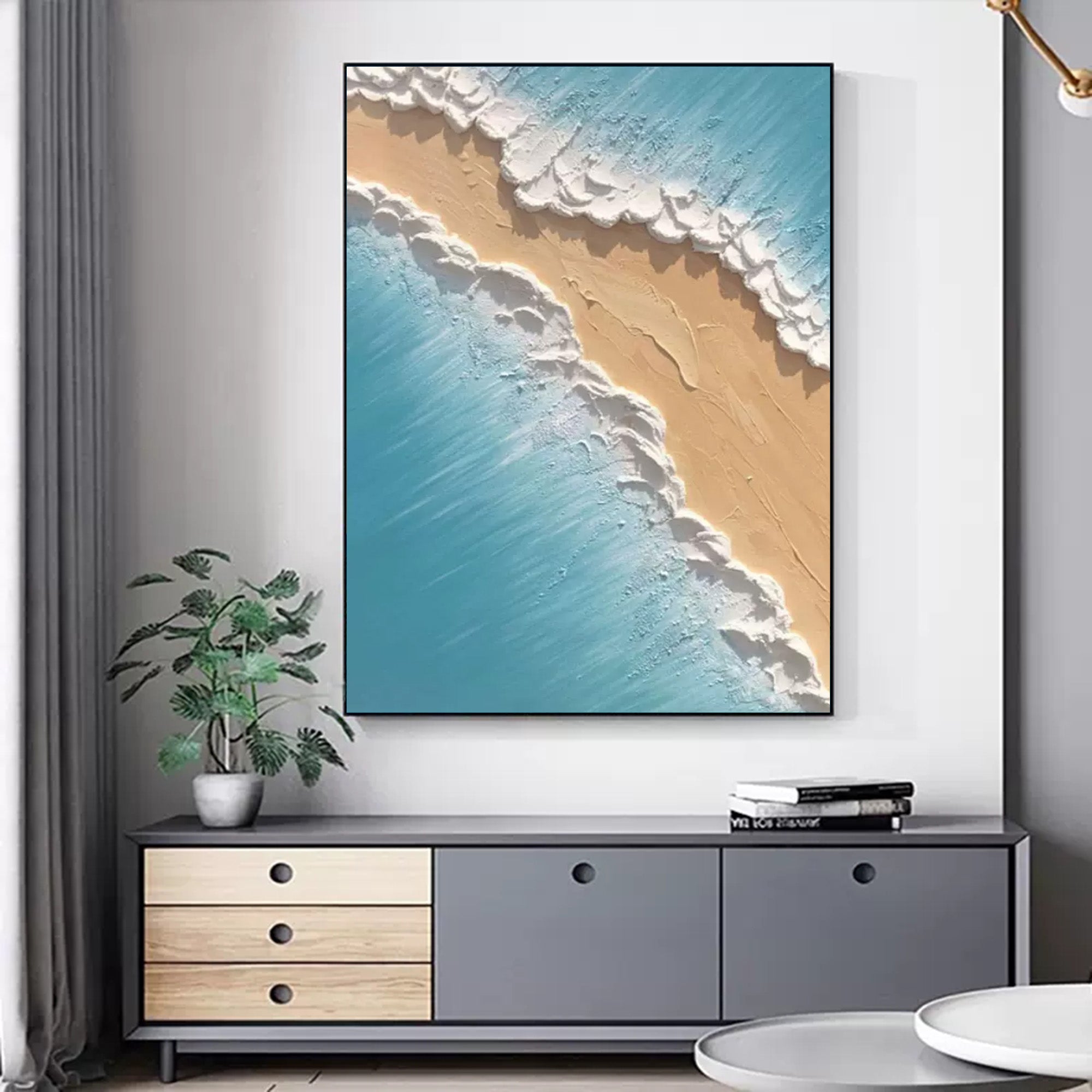 Large Blue 3D Sea Texture Painting on Canvas Texture Wall Art Plaster Wall Art Sea View Room Decor