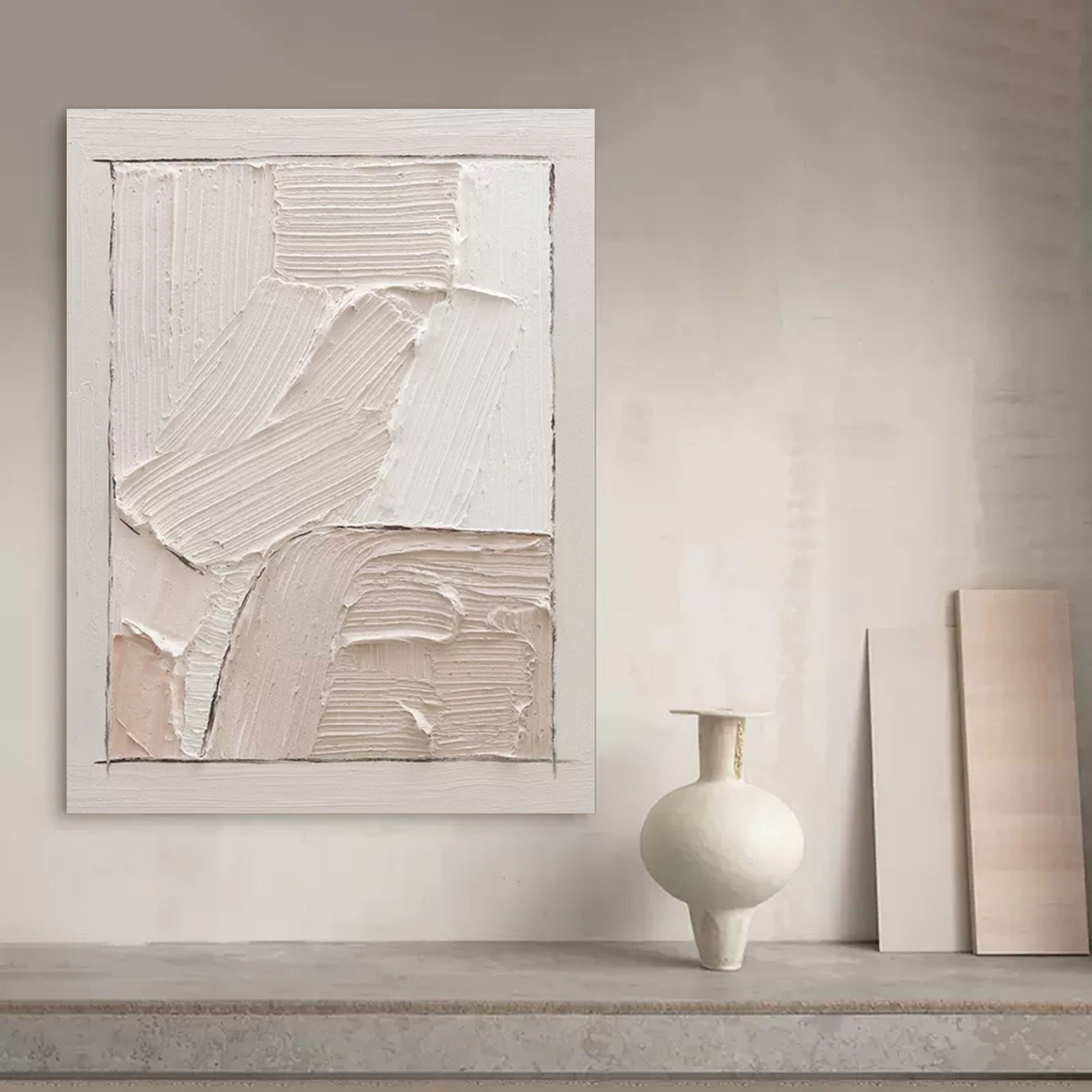 Large Beige 3D Minimalist Abstract Painting 3D Plaster Art Wabi-Sabi Wall Art Textured Wall Decor Painting