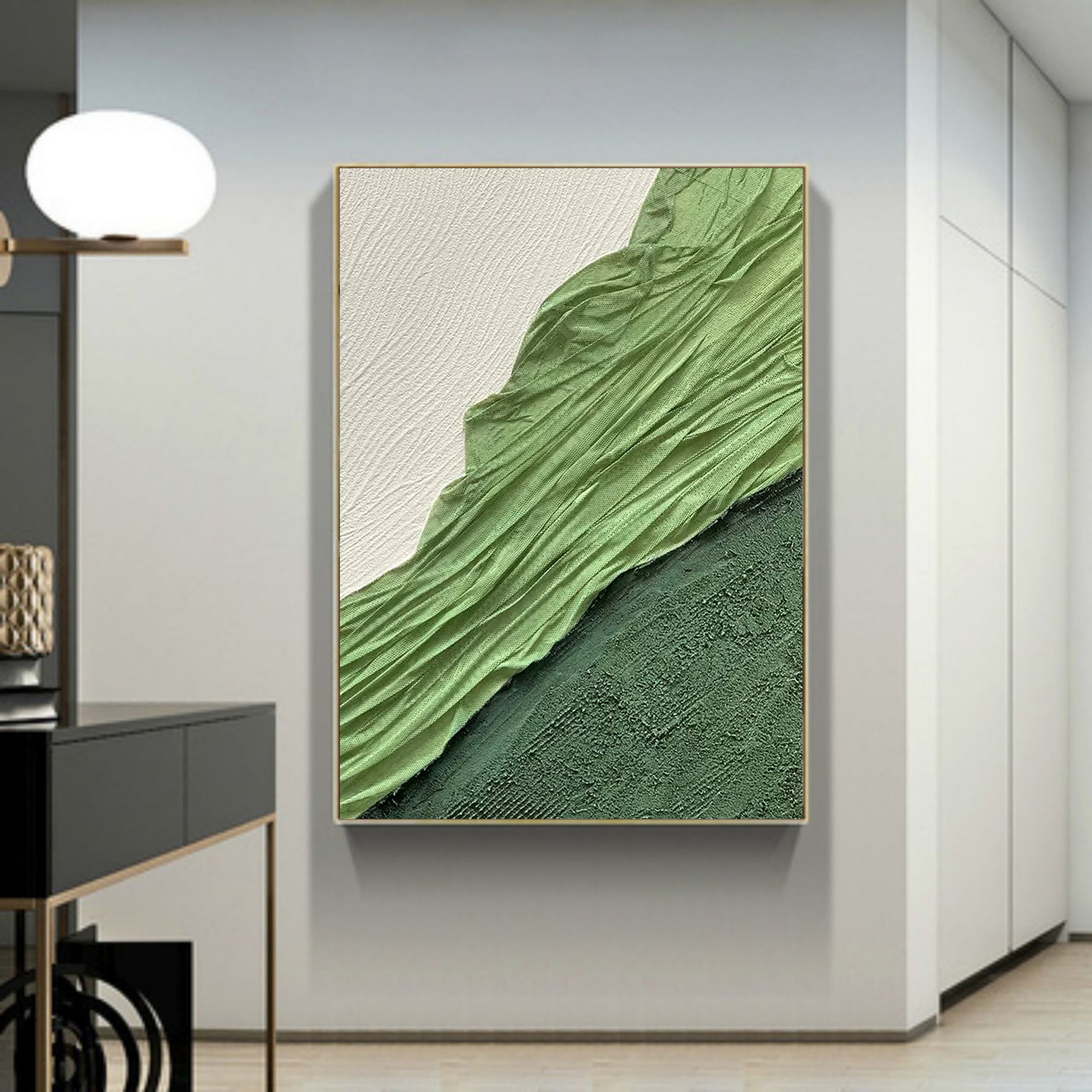 Green Abstract Art on Canvas Green Minimalist Abstract Painting 3D Plaster Art Textured Wall Art