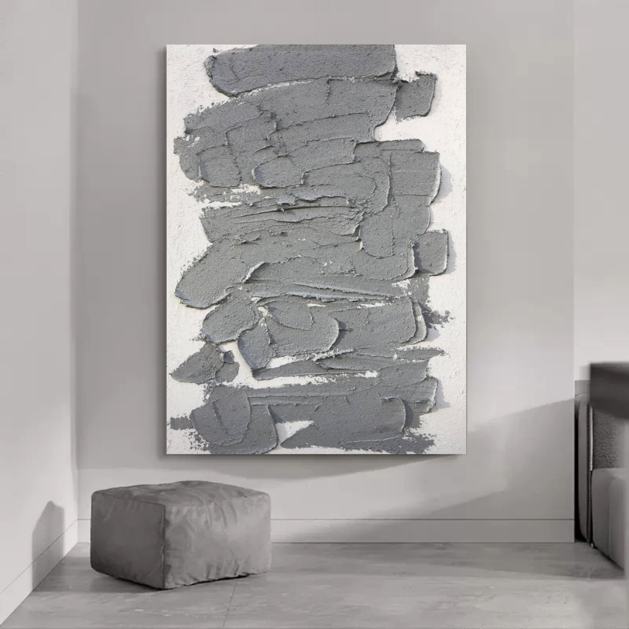 Large Gray 3D Abstract Canvas Art 3D Plaster Art Wabi-Sabi Wall Art Heavy textured Acrylic Painting