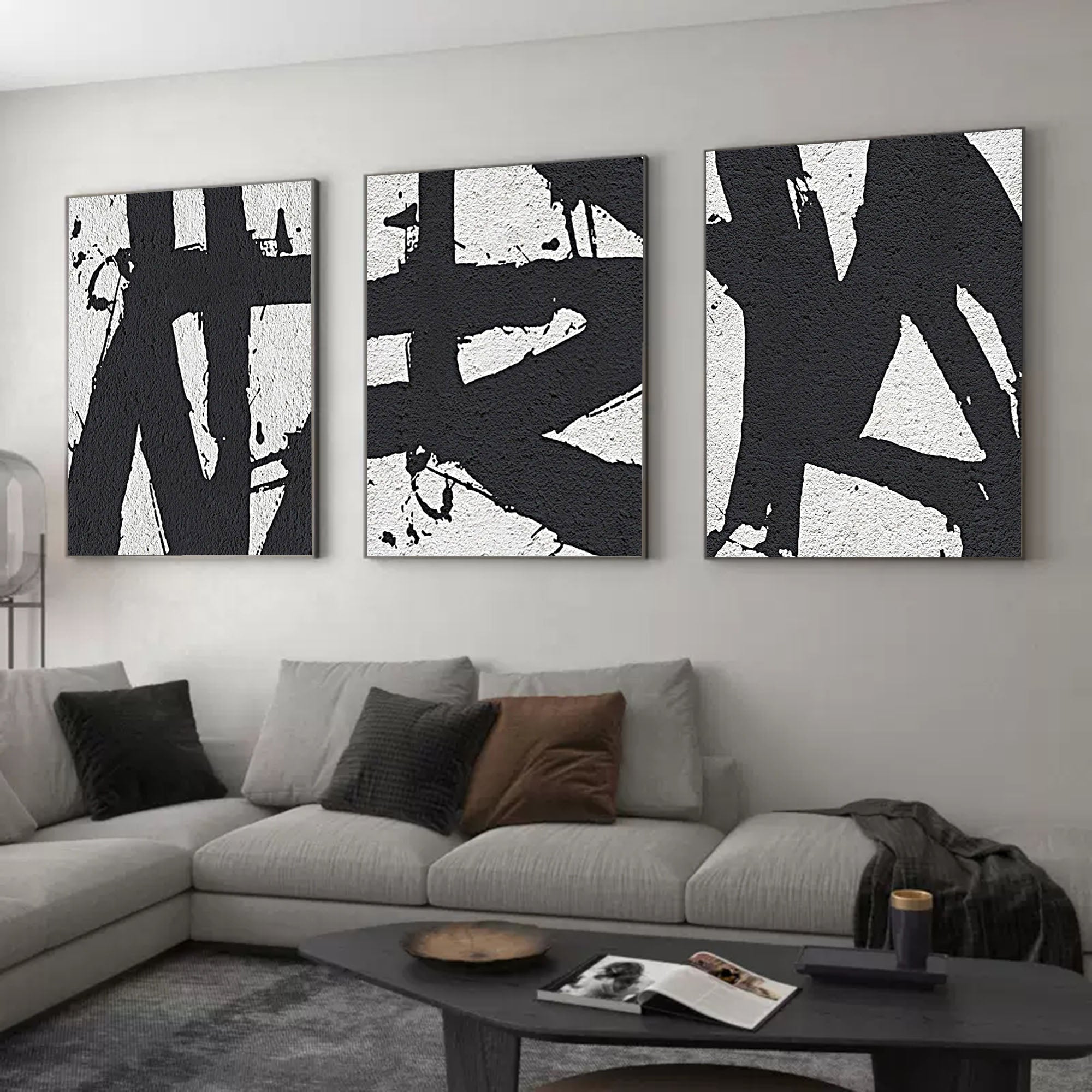 Black and White 3D Abstract Art Set of 3 Textured Wall Art Minimalist Abstract Painting Set of 3