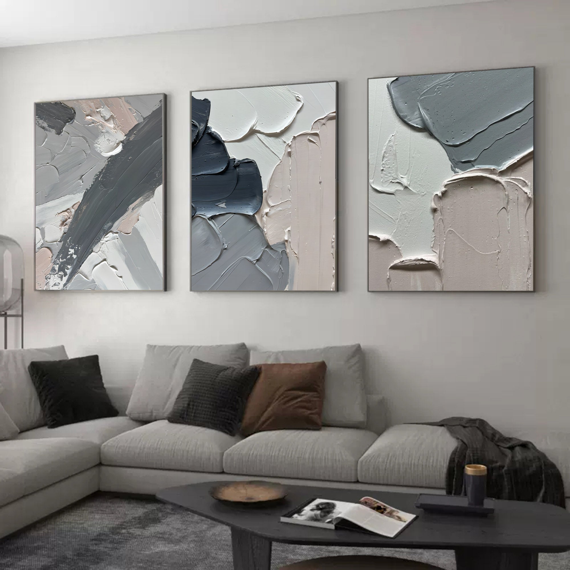 Large 3D Gray Abstract Art on Canvas Set of 3 Plaster Wall Art Textured ...