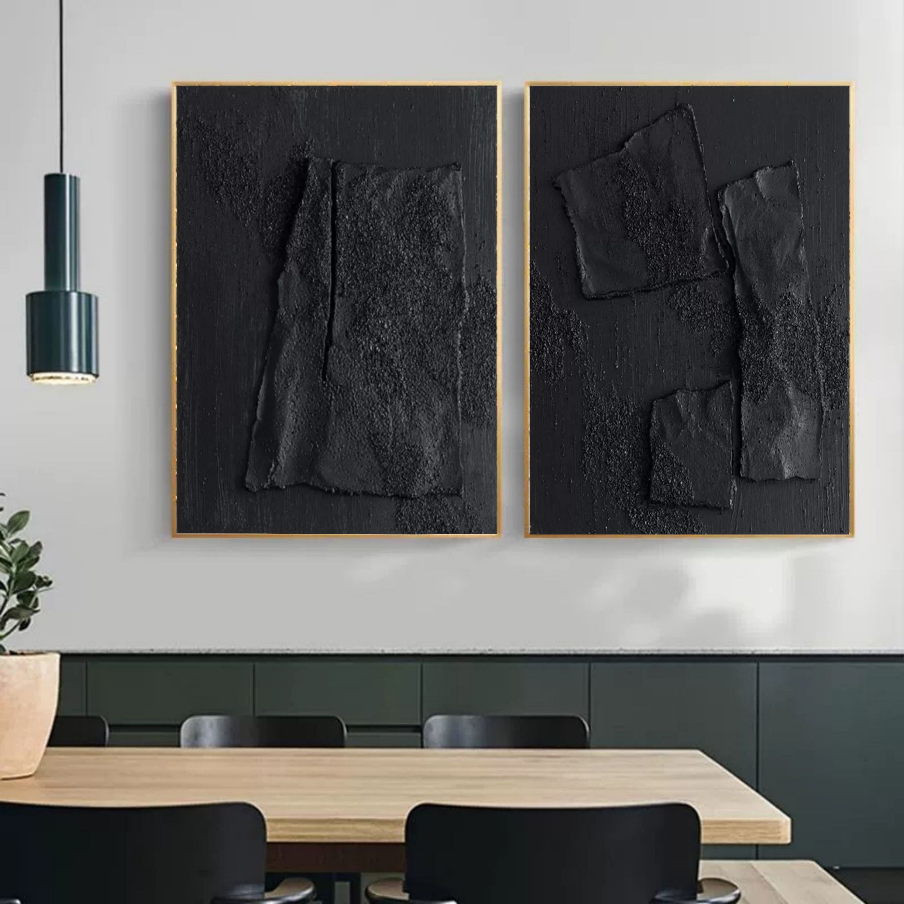 Black 3D Abstract Art Set of 2 Black 3D Textured Wall Art Set of 2 Black Minimalist Canvas Art Set of 2