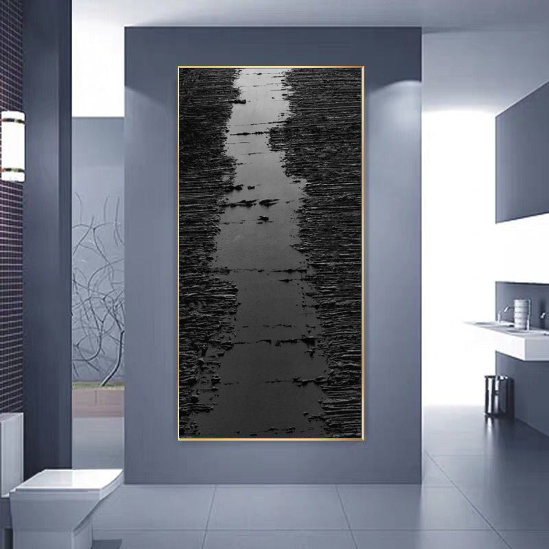 Panoramic Black 3D Abstract Painting Large Entrance Black Canvas Art Black Textured Wall Art Large Black Minimalist Home Wall Hangings