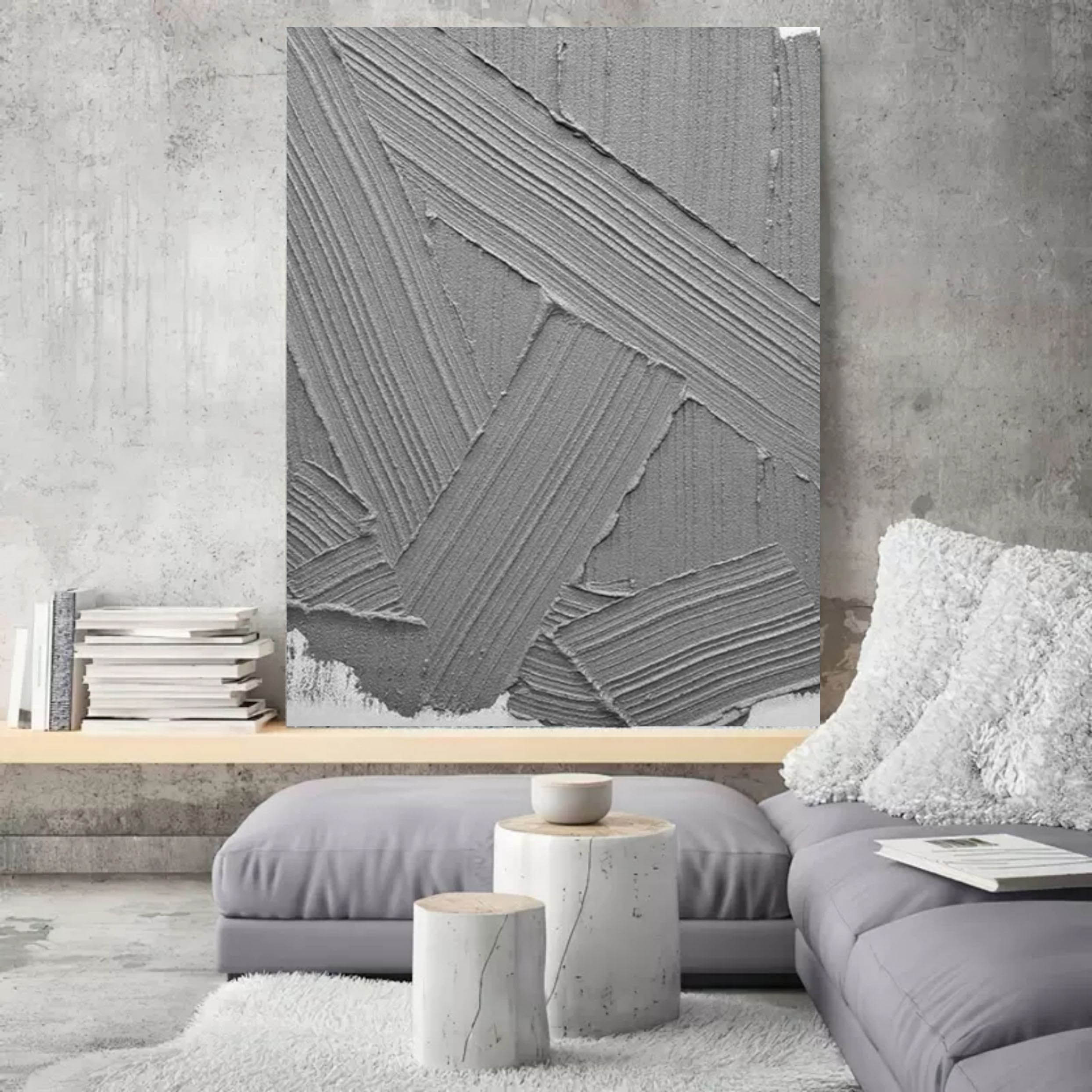 Large Gray 3D Abstract Art Gray 3D Plaster Art Textured Wall Art Gray Minimalist Wall Decor Painting