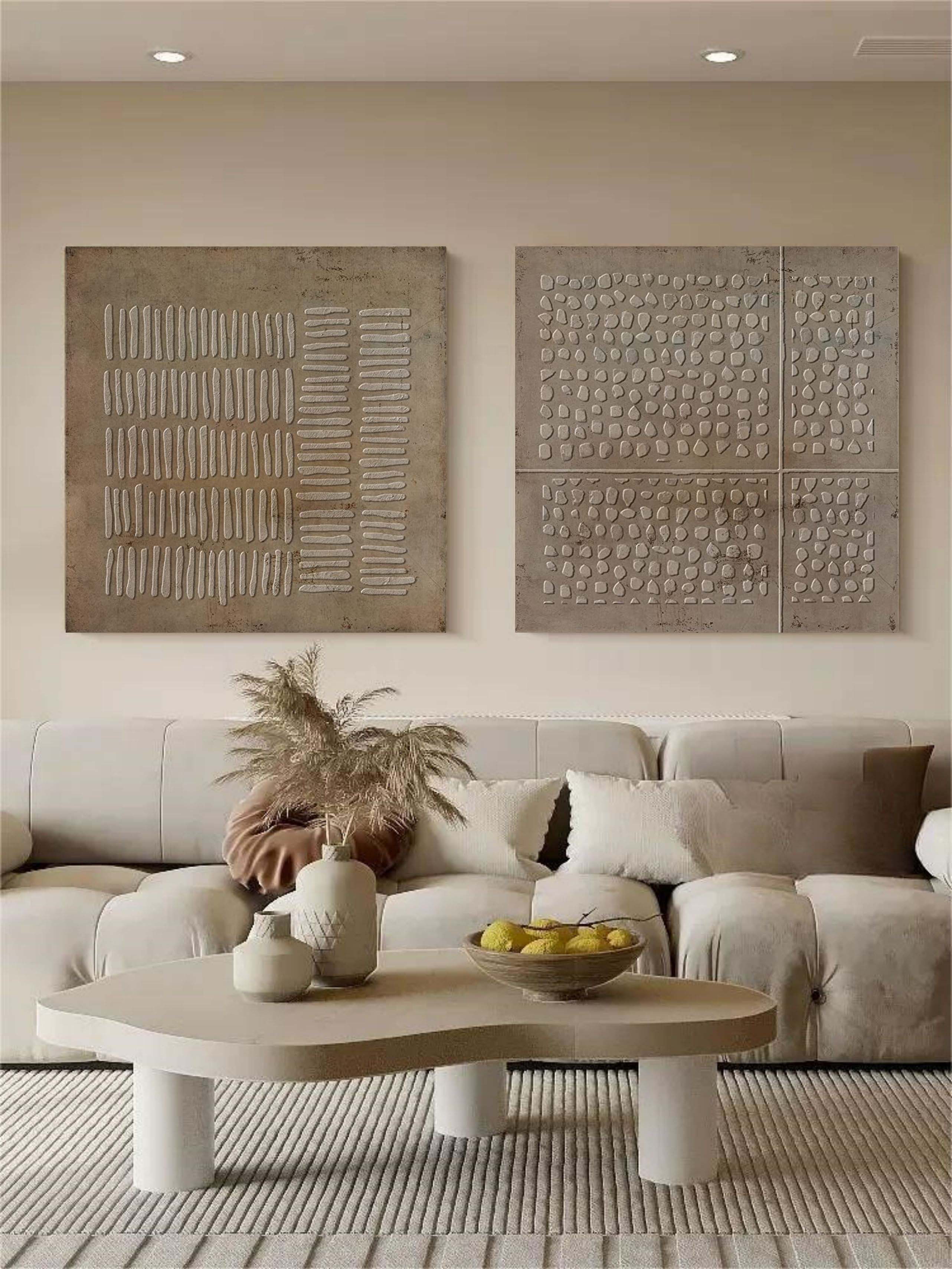 Brown 3D minimalist art on canvas Wabi-sabi wall art Textured wall art Acrylic painting set of 2