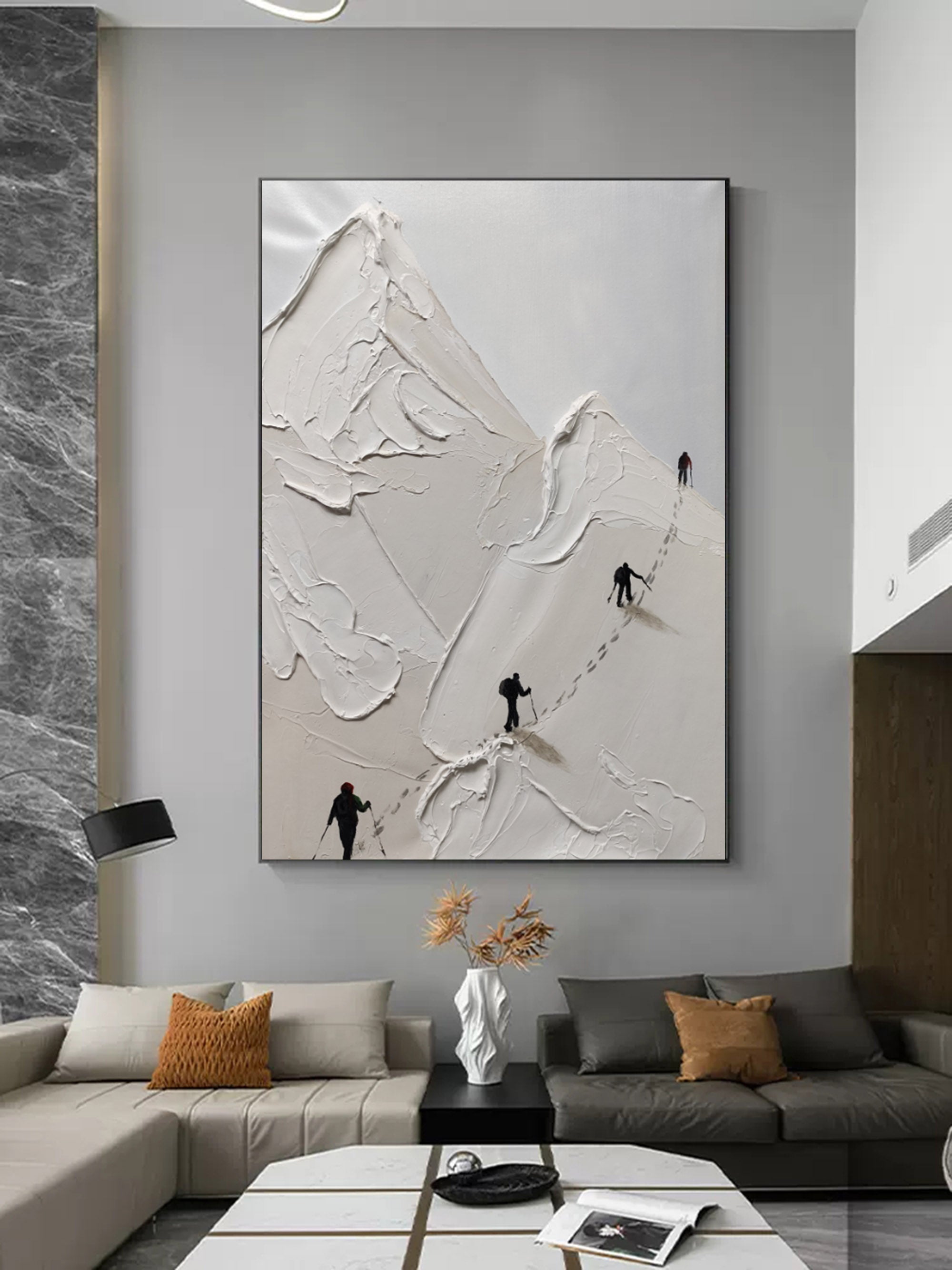 Snow Mountain Climbing Painting Skier Canvas Art White Plaster Art Snow Mountain Landscape Wall Art