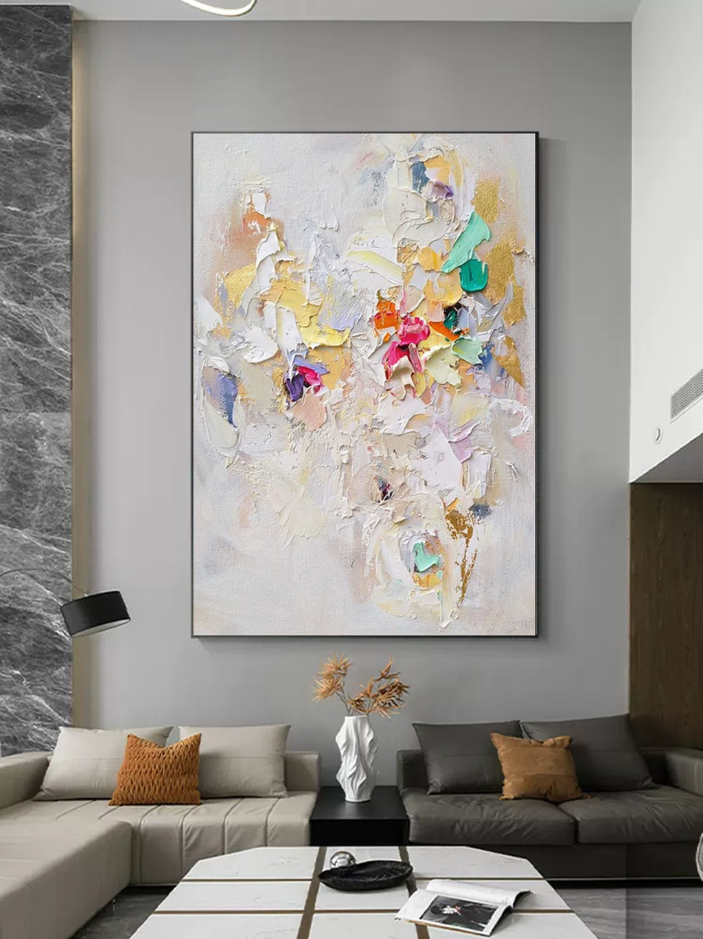 Large Beige 3D Abstract Art Colorful Minimalist Canvas Painting ...