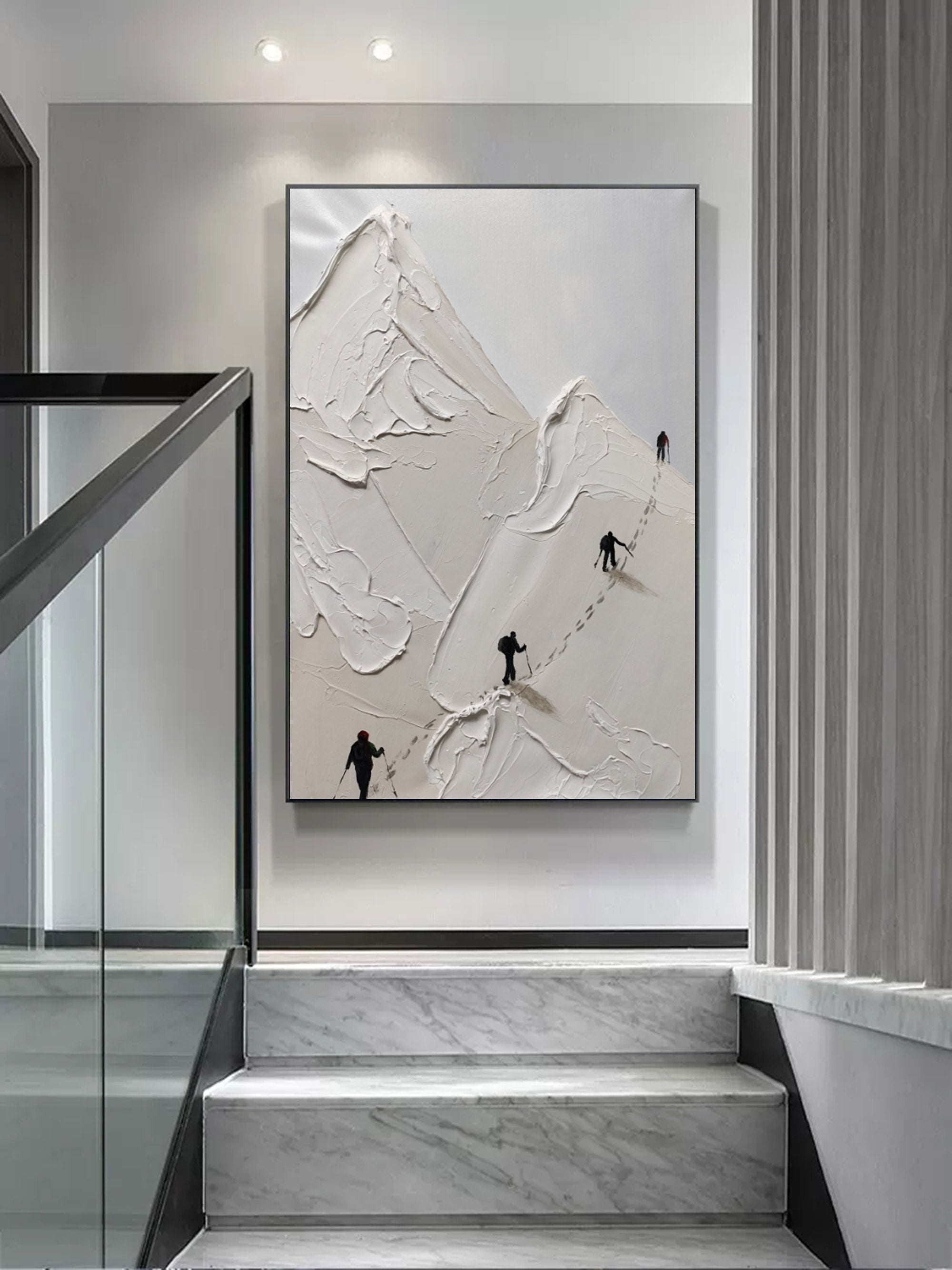 Snow Mountain Climbing Painting Skier Canvas Art White Plaster Art Snow Mountain Landscape Wall Art