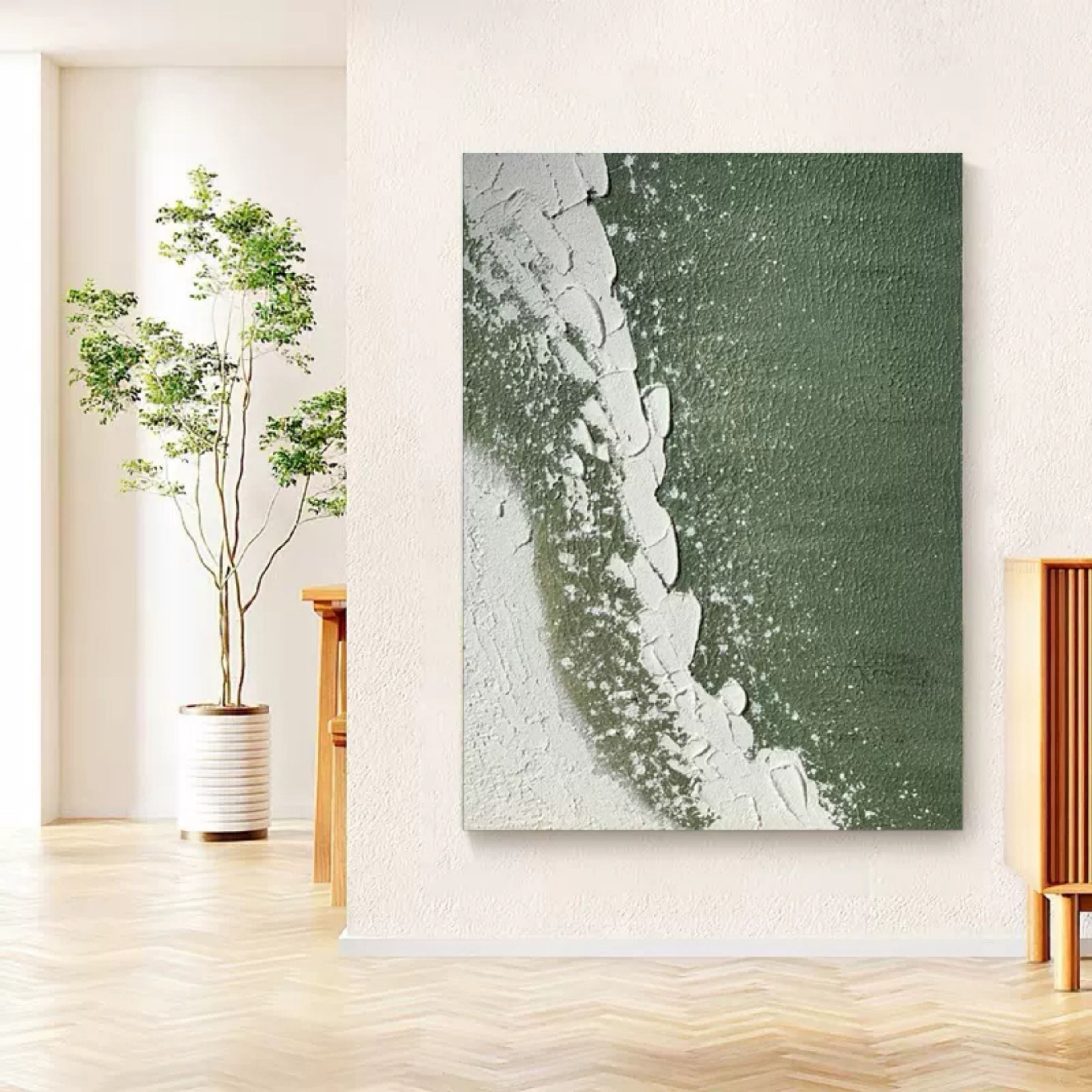 Large 3D Green Minimalist Abstract Paintings Large 3D Green Textured Wall Art Wabi-Sabi Artwork