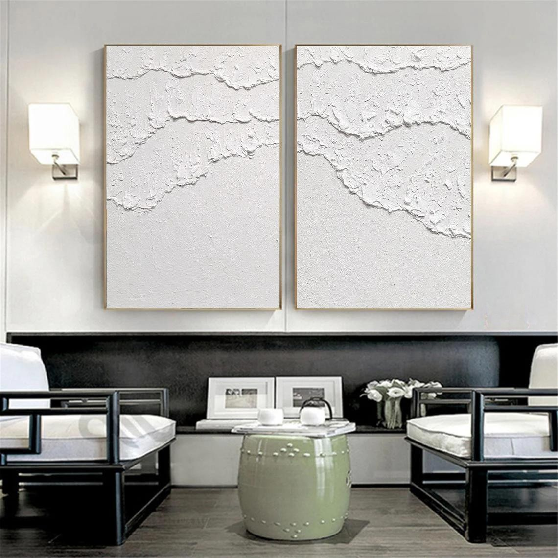 White 3D Abstract Painting Set of 2 White Plaster Art Set of 2 Plaster texture Wall Art Plaster Canvas Art Home Decor