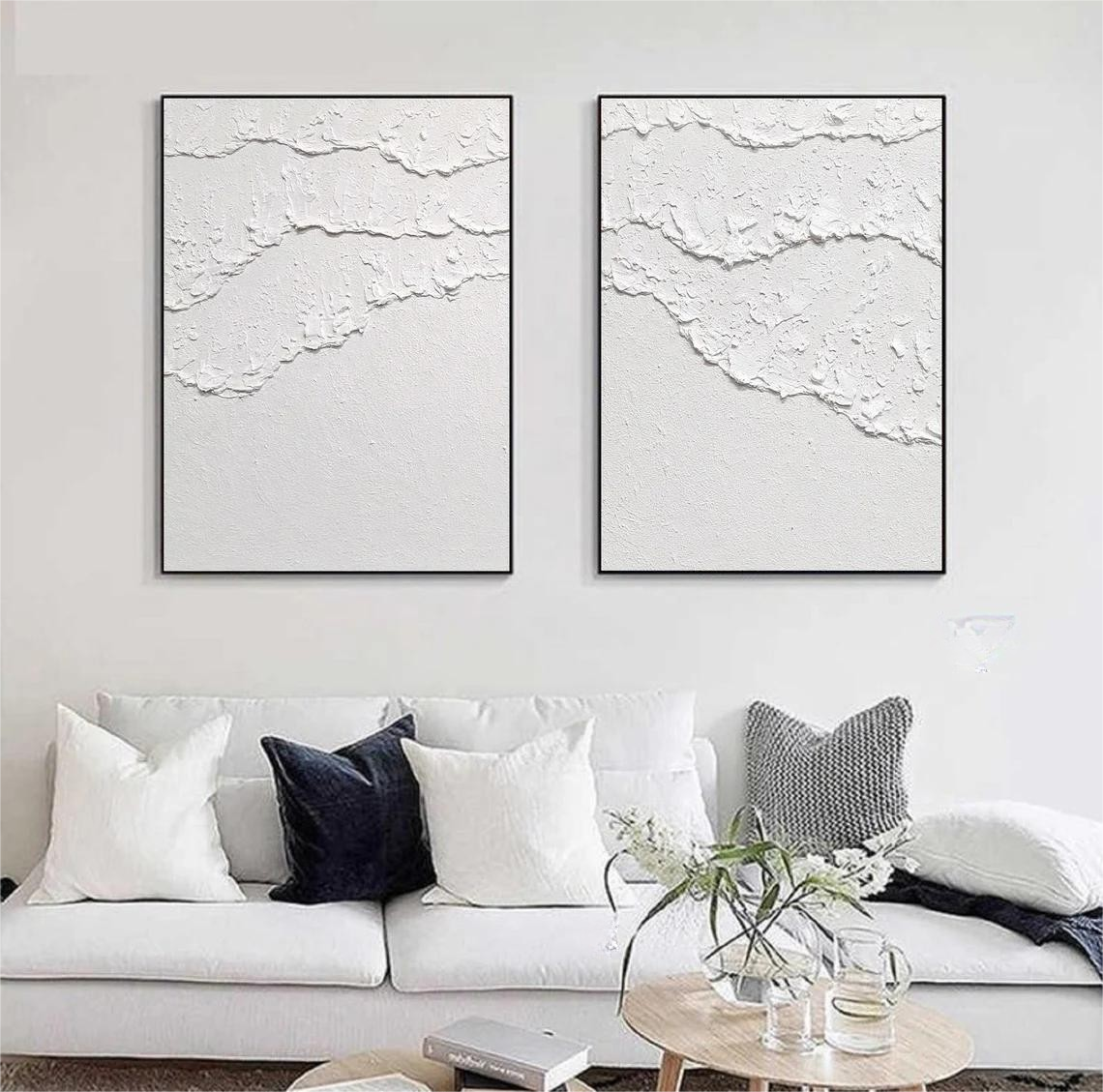 White 3D Abstract Painting Set of 2 White Plaster Art Set of 2 Plaster texture Wall Art Plaster Canvas Art Home Decor