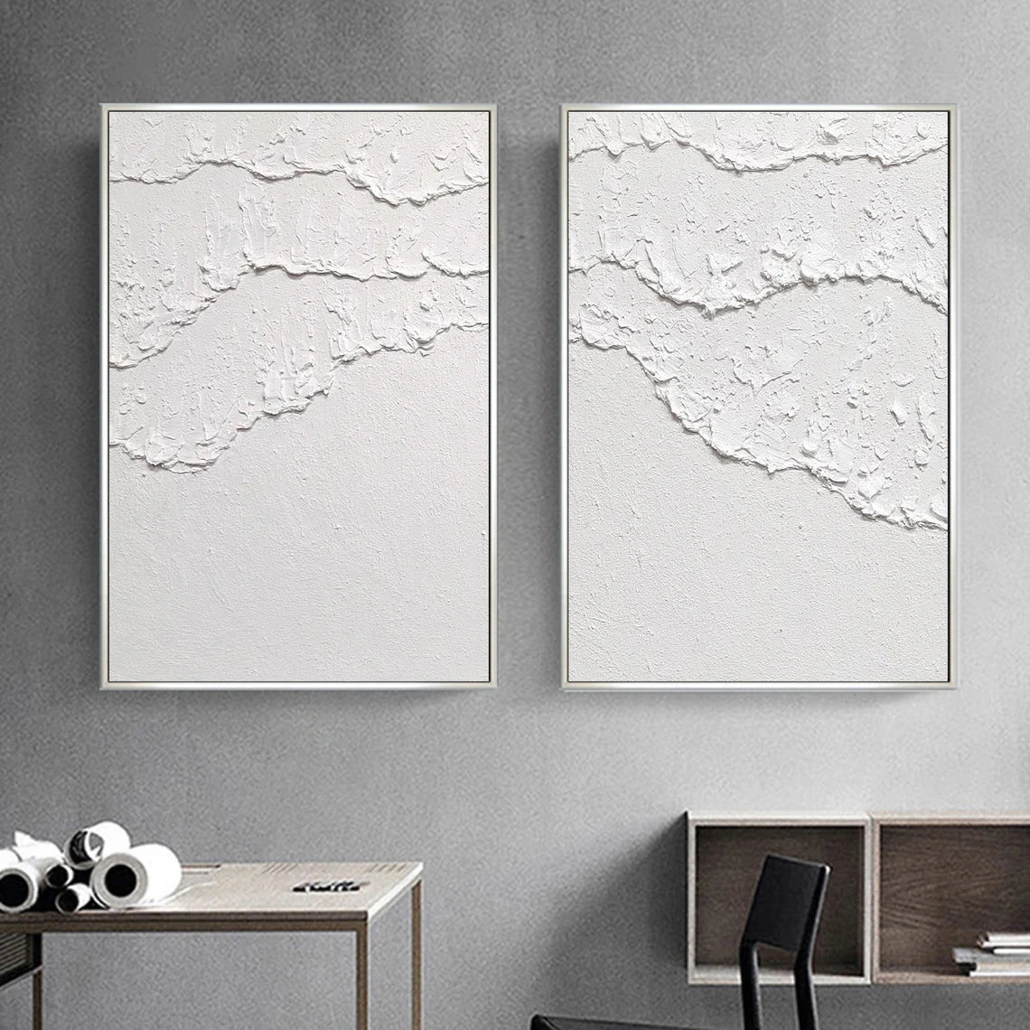 White 3D Abstract Painting Set of 2 White Plaster Art Set of 2 Plaster texture Wall Art Plaster Canvas Art Home Decor