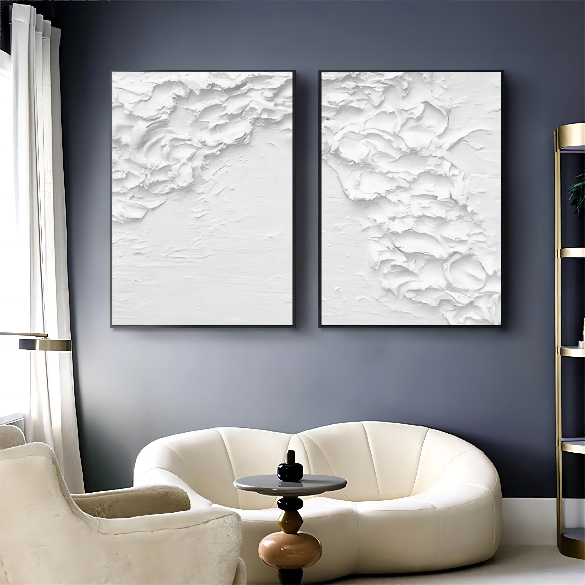 Large White 3D Abstract Art Textured Wall Art Plaster Wall Art Minimalist Canvas Painting Set of 2