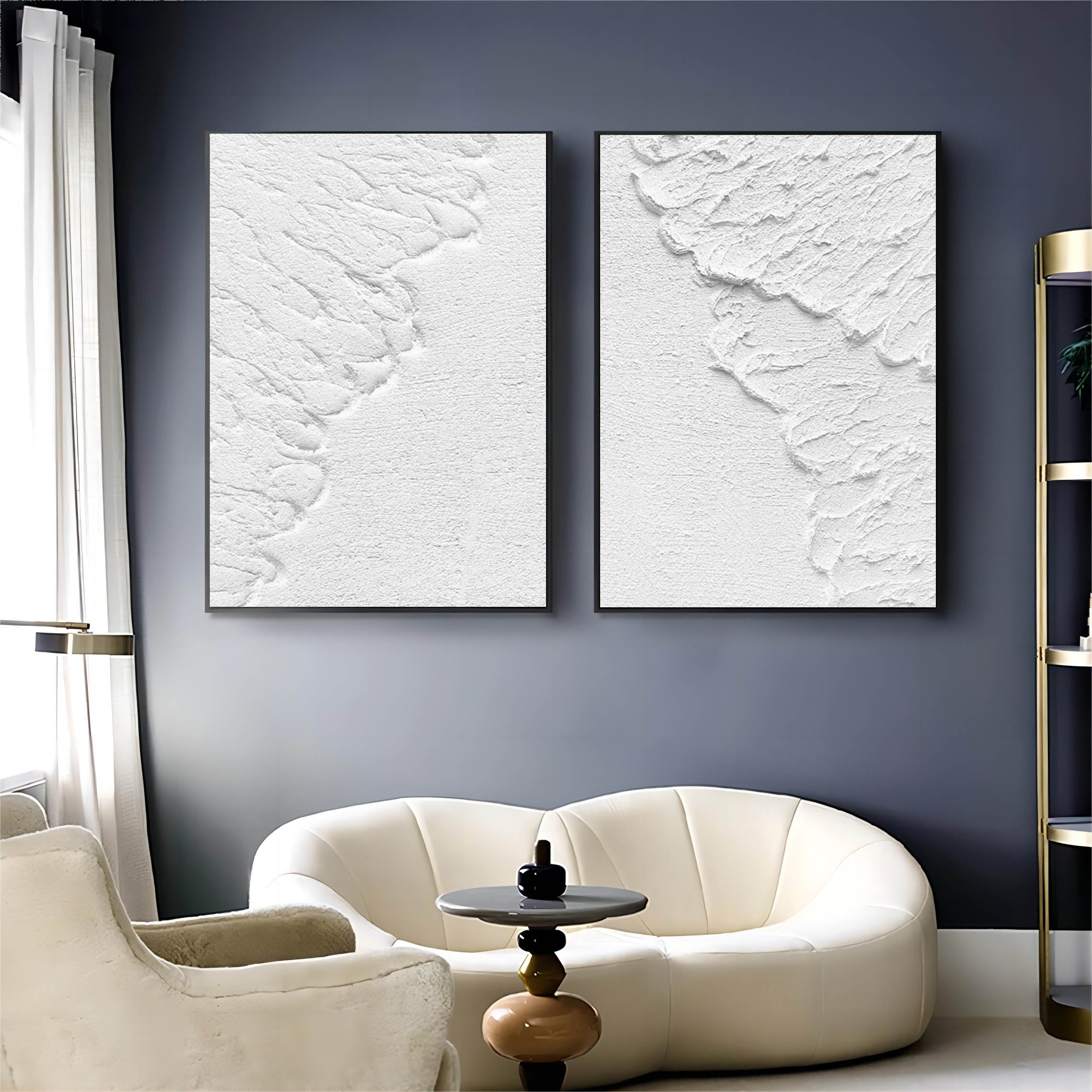 Large White 3D Abstract Art Textured Wall Art Plaster Wall Art Minimalist Canvas Painting Set of 2