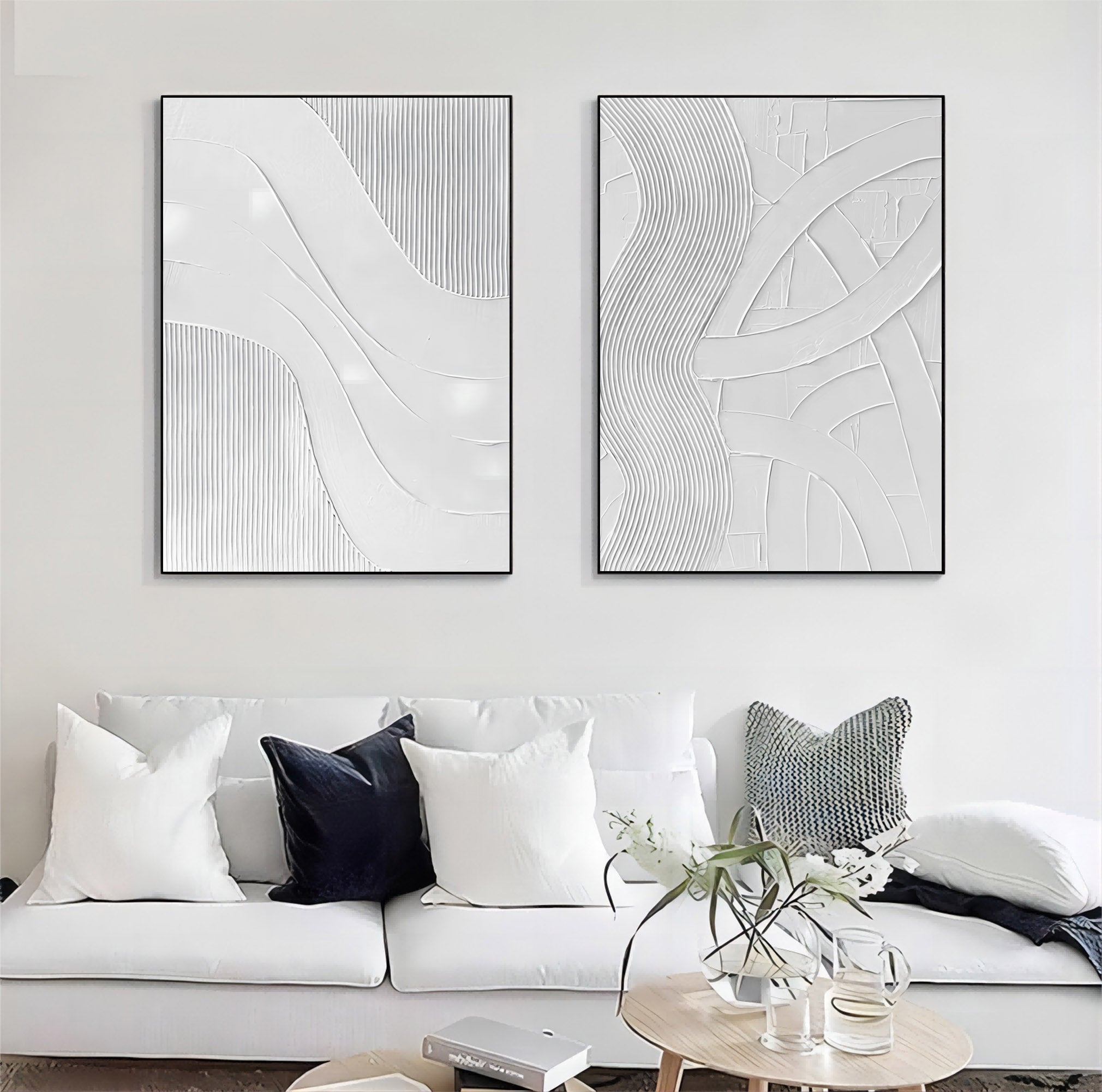 Large White 3D Abstract Art Textured Wall Art Plaster Wall Art Minimalist Canvas Paintings Set of 2